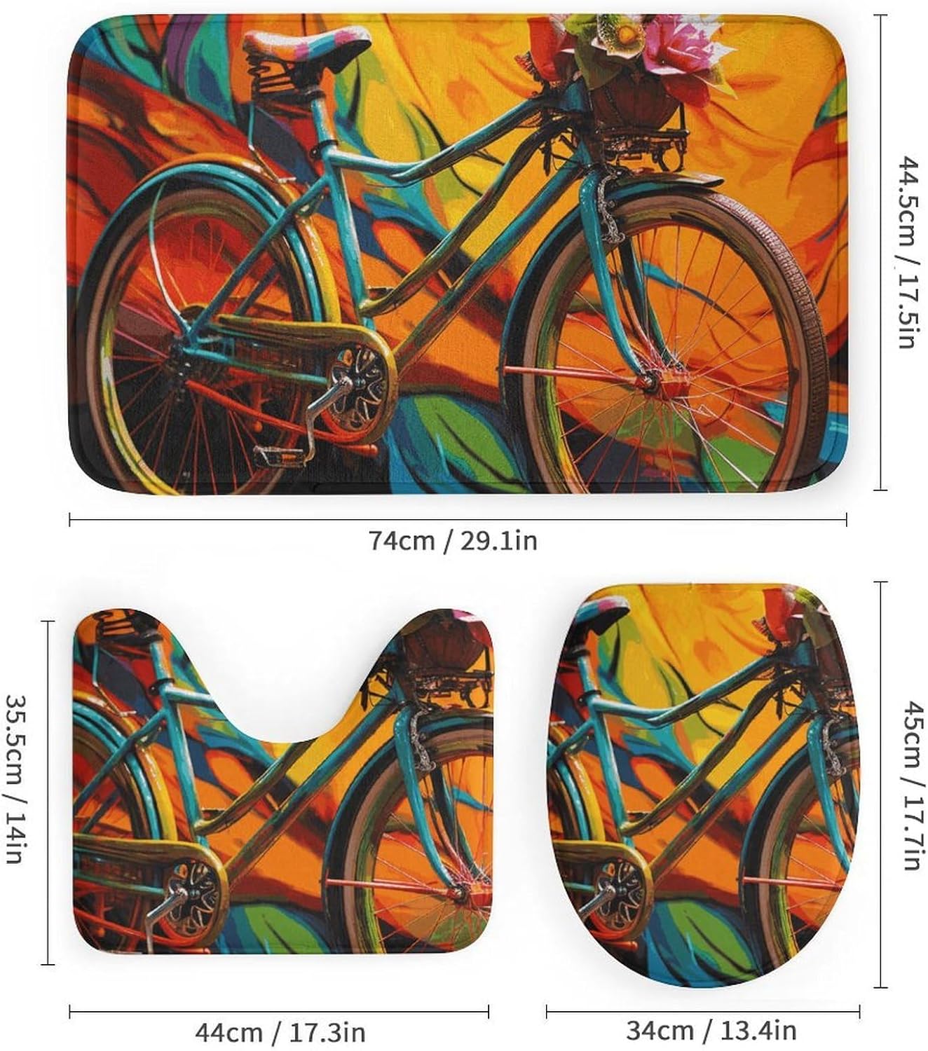 Colorful Bicycle Shower Curtains Set 4 Piece with Non-Slip Rugs, Toilet Lid Cover and Bath Mat Soft Bathroom Carpet Waterproof Bathroom Curtain with 12 Hooks for Bathroom Decor