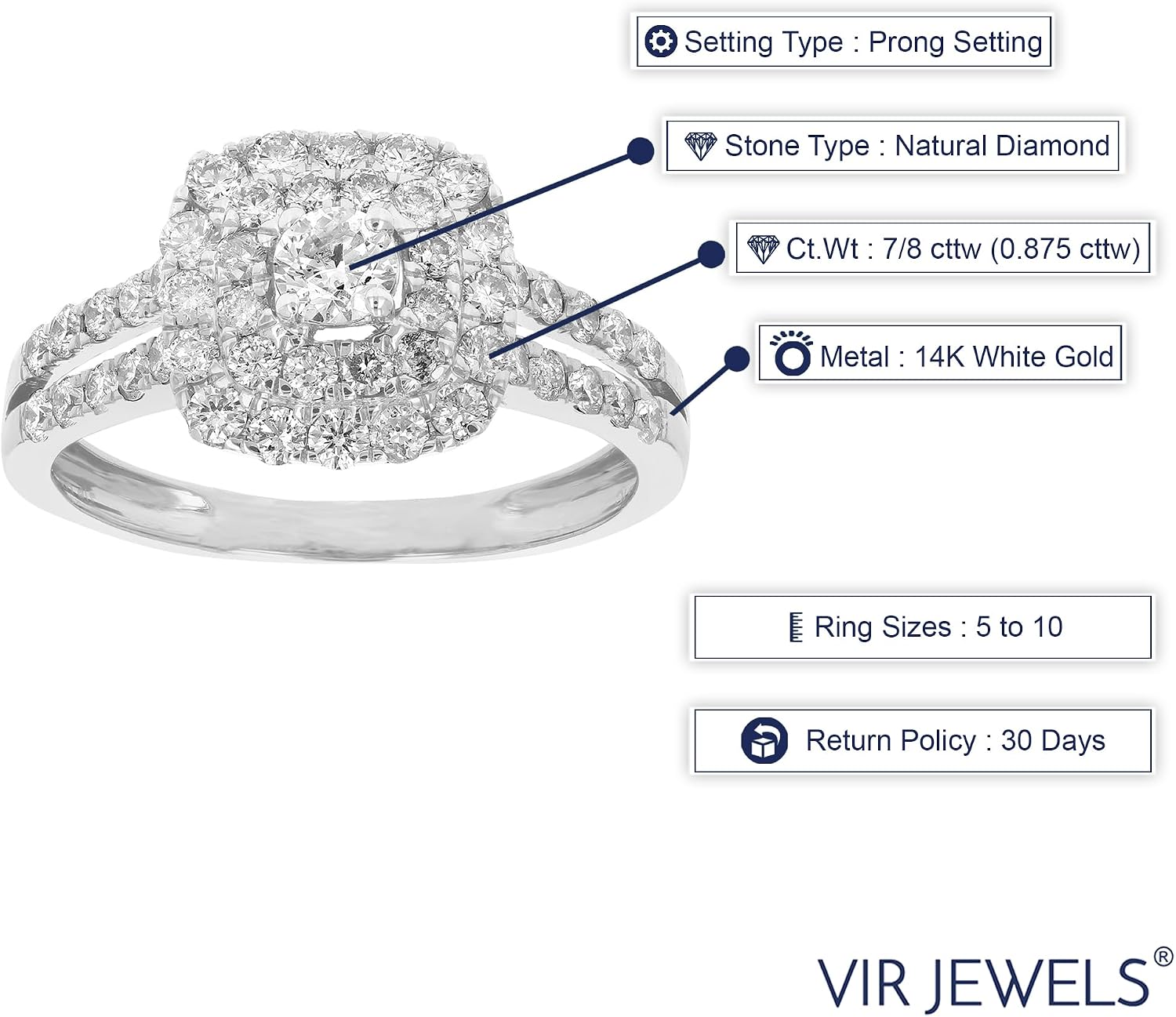 VIR JEWELS 7/8 cttw Diamond Wedding Engagement Ring 14K White Gold Cushion Shape Bridal