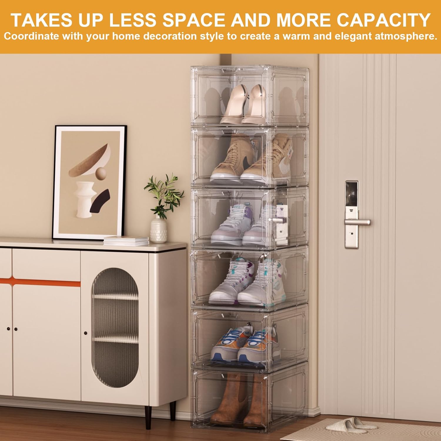 Shoe Box,Set of 6,Stackable Plastic Clear Shoe Box Organizer with Magnetic Door,Shoe Storage Box Thicken Sturdy,Easy Assembly,Fit up to US Size(Front opening door, Clear)