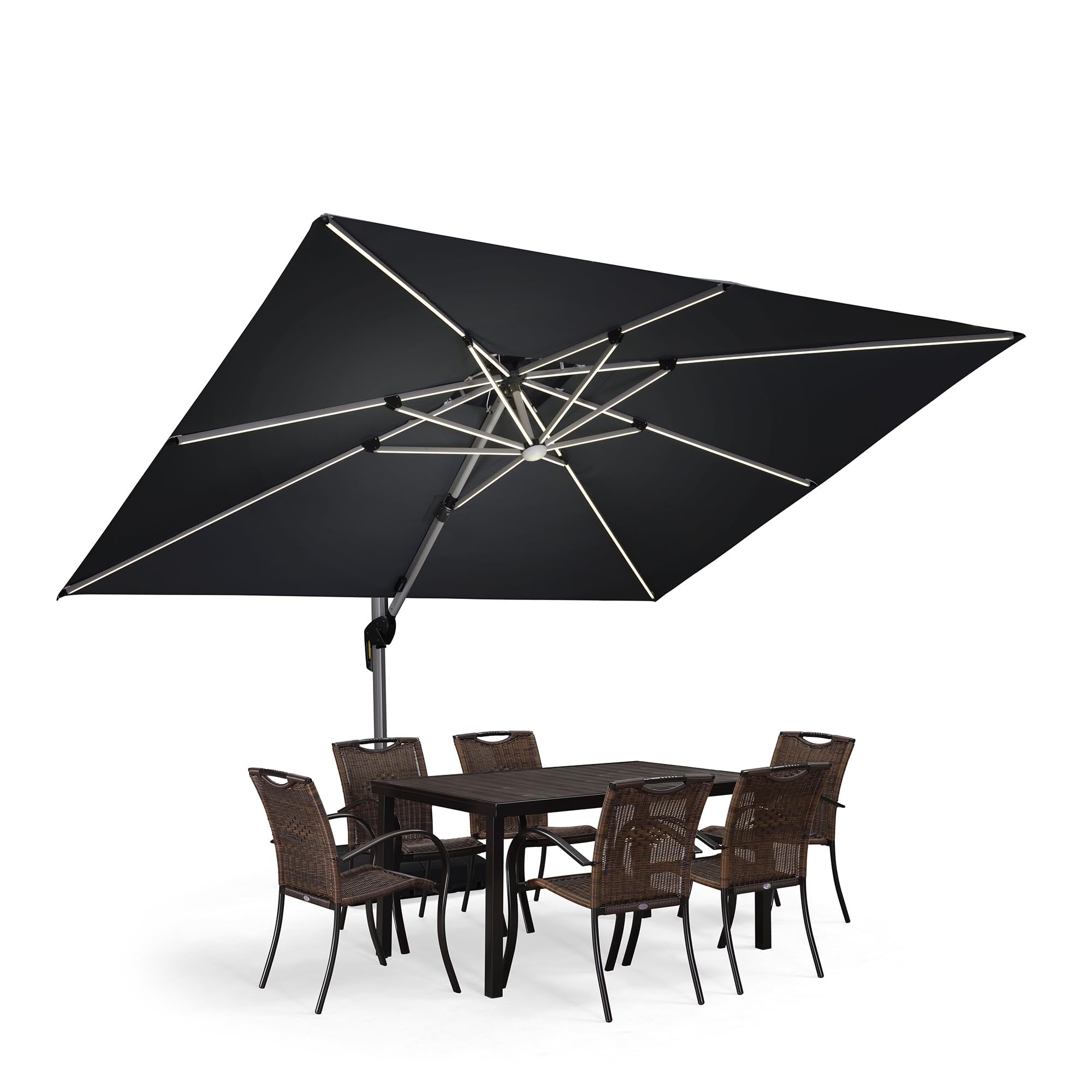 PURPLE LEAF Sombrilla de Jardín 2.7x3.65 m con LED, Poste de Aluminio con manivela giratoria 360°, basculante UV 50+, para exterior Piscina Jardín Terraza, gris