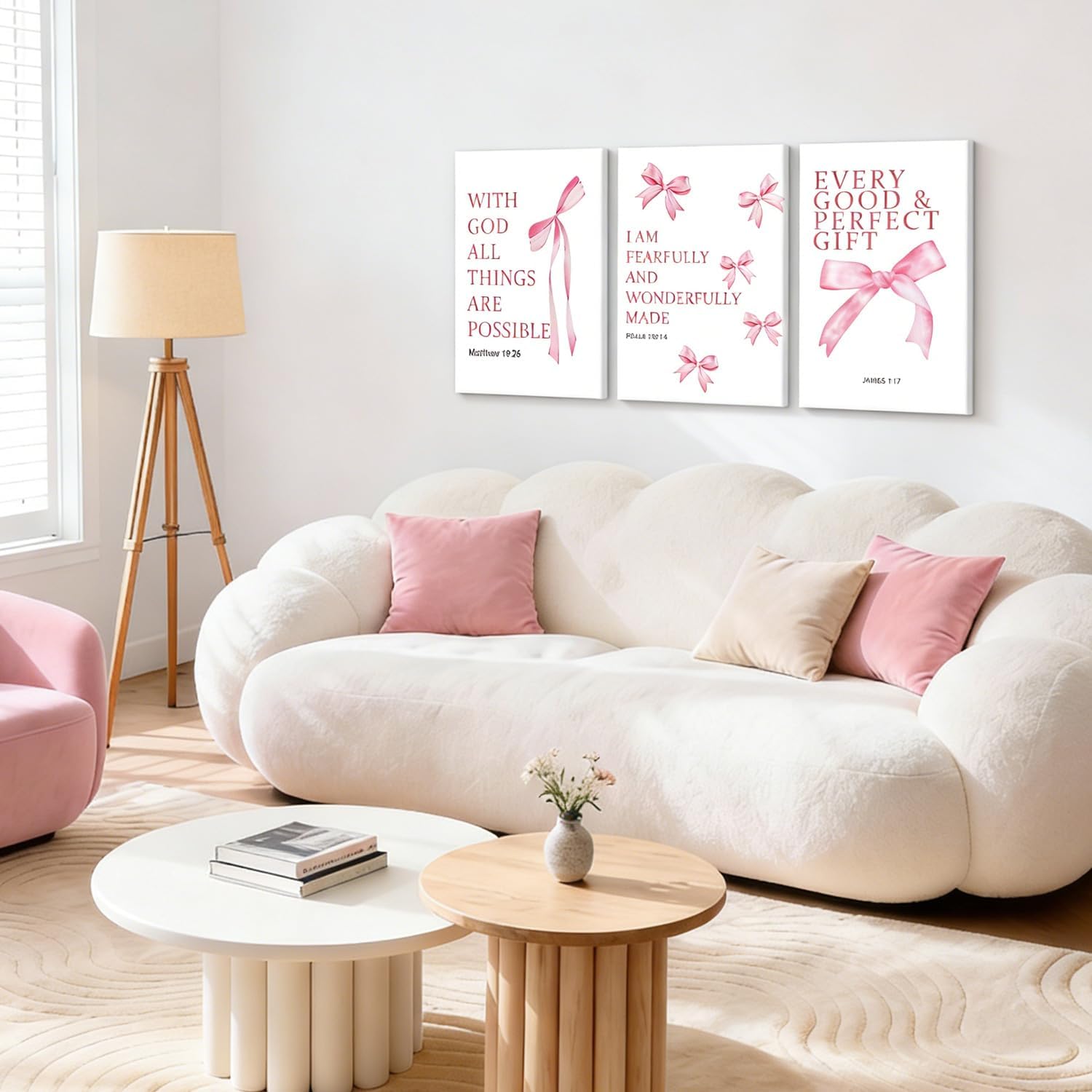 NCCXNCC 3Pcs Pink Bow Canvas Wall Art Inspirational Bible Text Wall Decoration Artwork Soft Girlish Aesthetic Style Poster Print Image Suitable for Bedroom Dormitory Girl's Room Decor12x16Inch Framed
