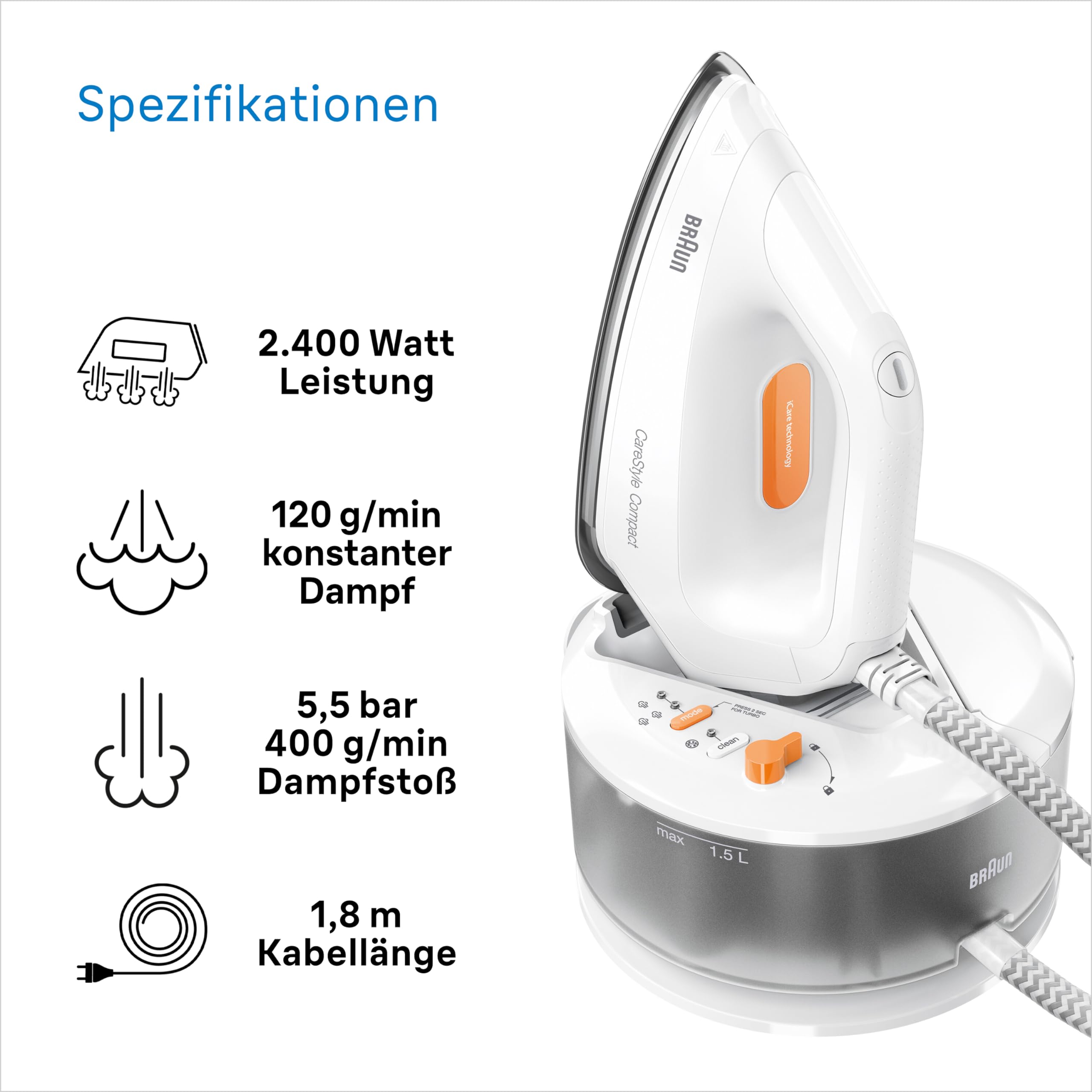 Braun CareStyle Compact IS 2132 WH Dampfbügelstation - Dampfbügeleisen mit FreeGlide 3D Bügelsohle, Vertikaldampf, 2400 Watt, Pumpendruck 5,5 bar, Dampfstoß 400 g/min, großer 1,5 l Wassertank, Weiß