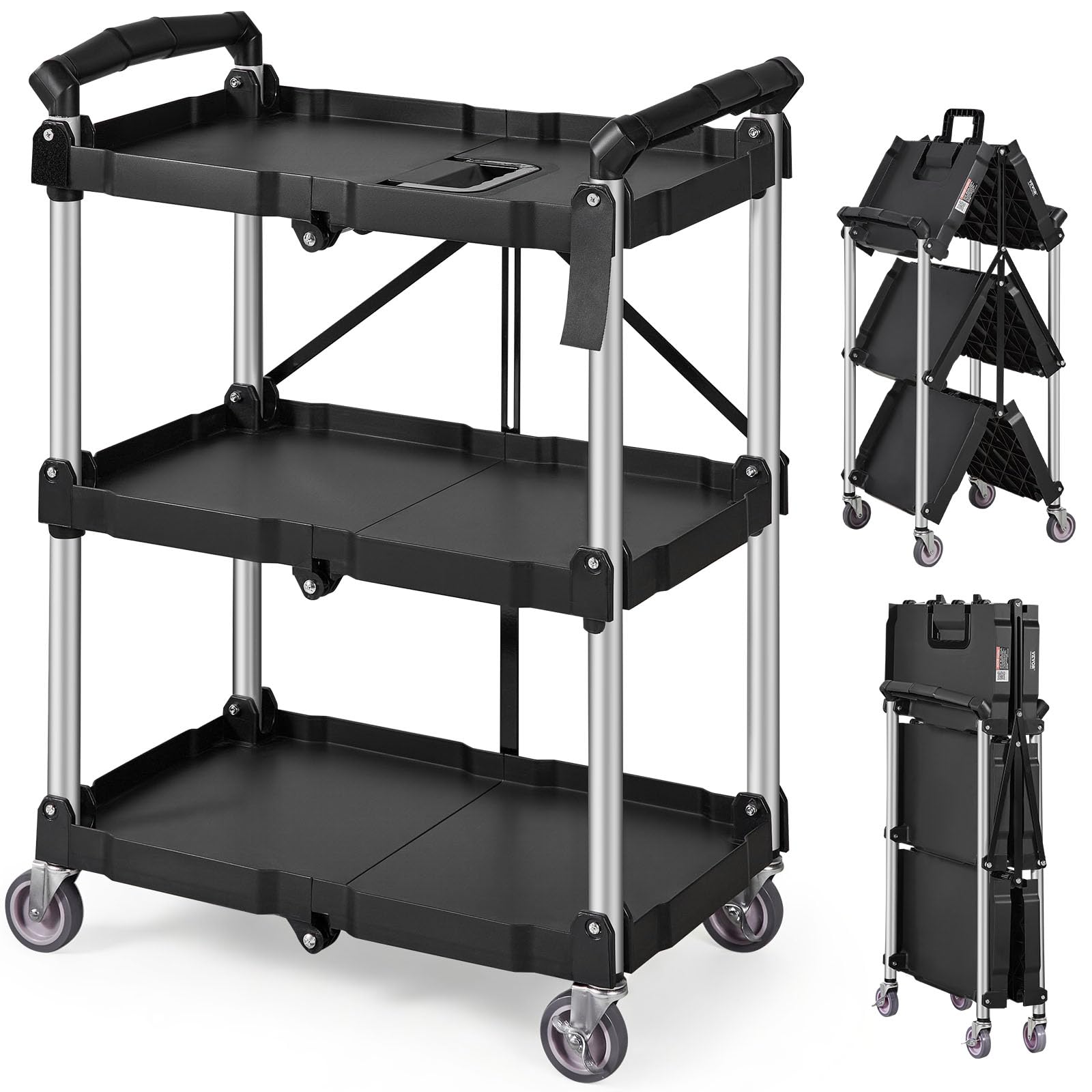 VEVOR Foldable Utility Service Cart, 165LBS 3 Shelf Heavy Duty Plastic Rolling Cart with 360° Swivel Wheels (2 with Brakes), Ergonomic Handle, Portable Garage Tool Cart for Warehouse Office Home
