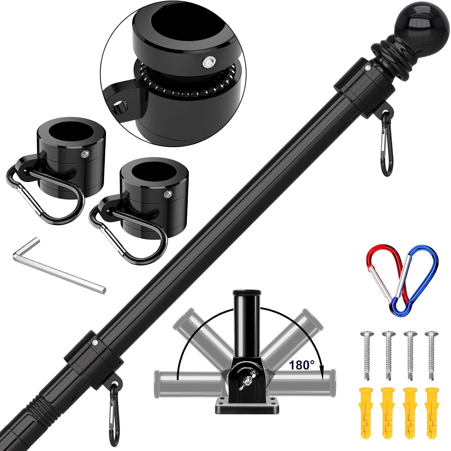 ZMTECH 7 FT Flag Pole Kit for Outside House - Heavy Duty Stainless Steel Flagpole with 180° Adjustable Holder, Rust-Proof Tangle-Free American Flag Pole for Porch Garden, Black