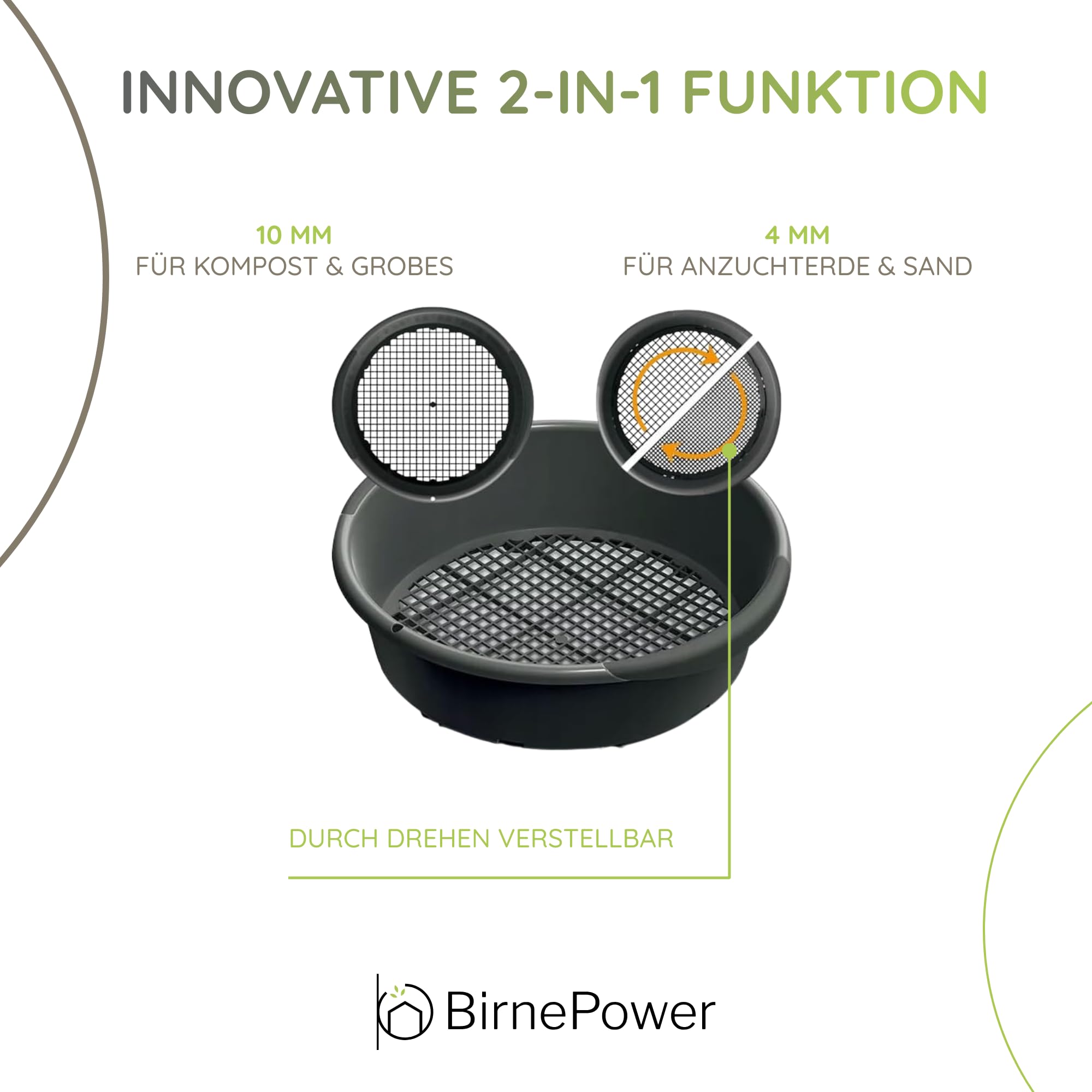 BirnePower Tamis de Jardin Rond ISIO370 avec Mailles 4-10mm, Passe-Partout pour Terre et Compost, Crible à Sable Robuste, Outil Pratique, Ø 37cm