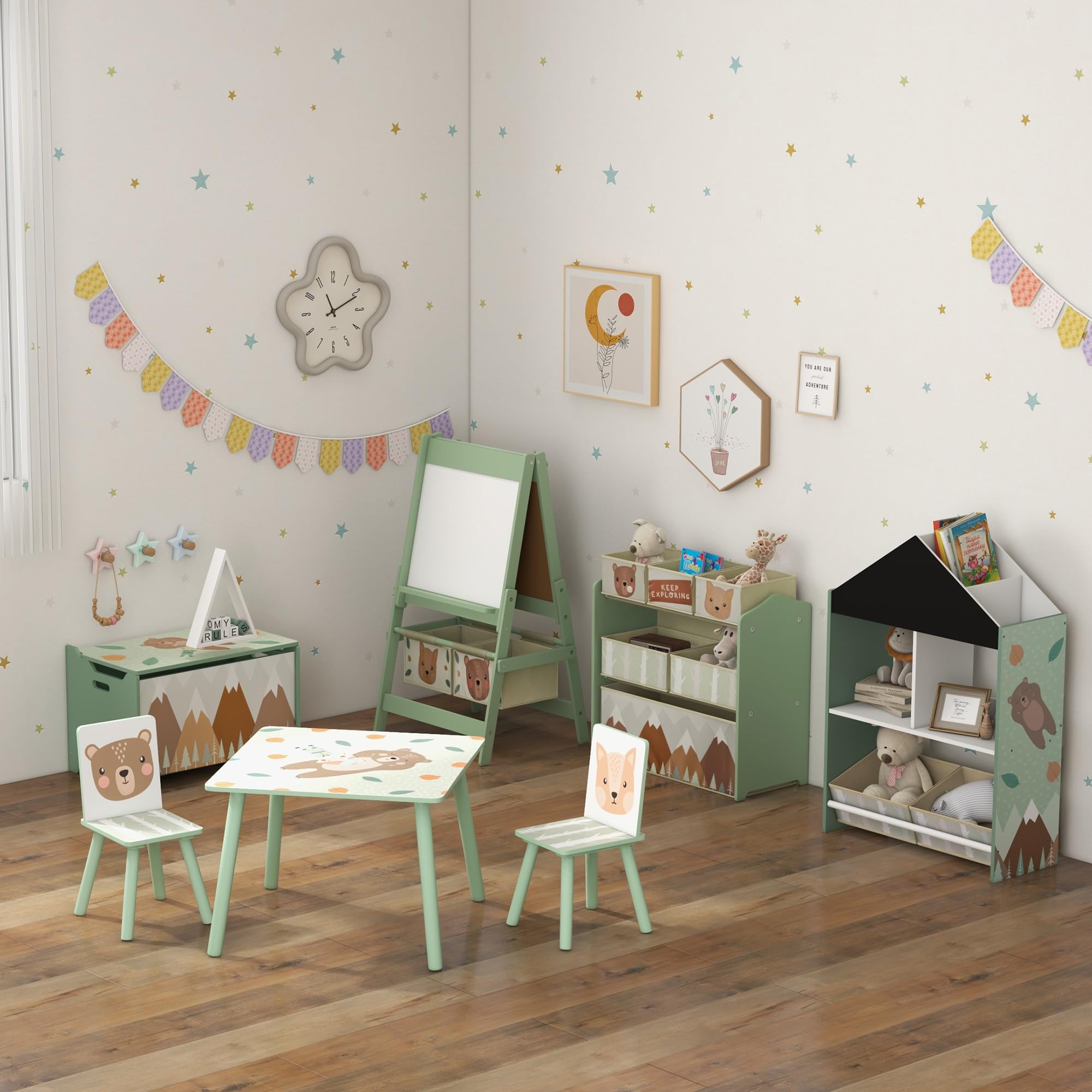 AIYAPLAY Lavagna per Bambini Cancellabile a Doppia Facciate con Rotolo di Carta e 2 Contenitori, Lavagna Bianco, Nero con Cavalletto Artistico in Legno per Pittura e Regalo, 3-8 Anni, Verde