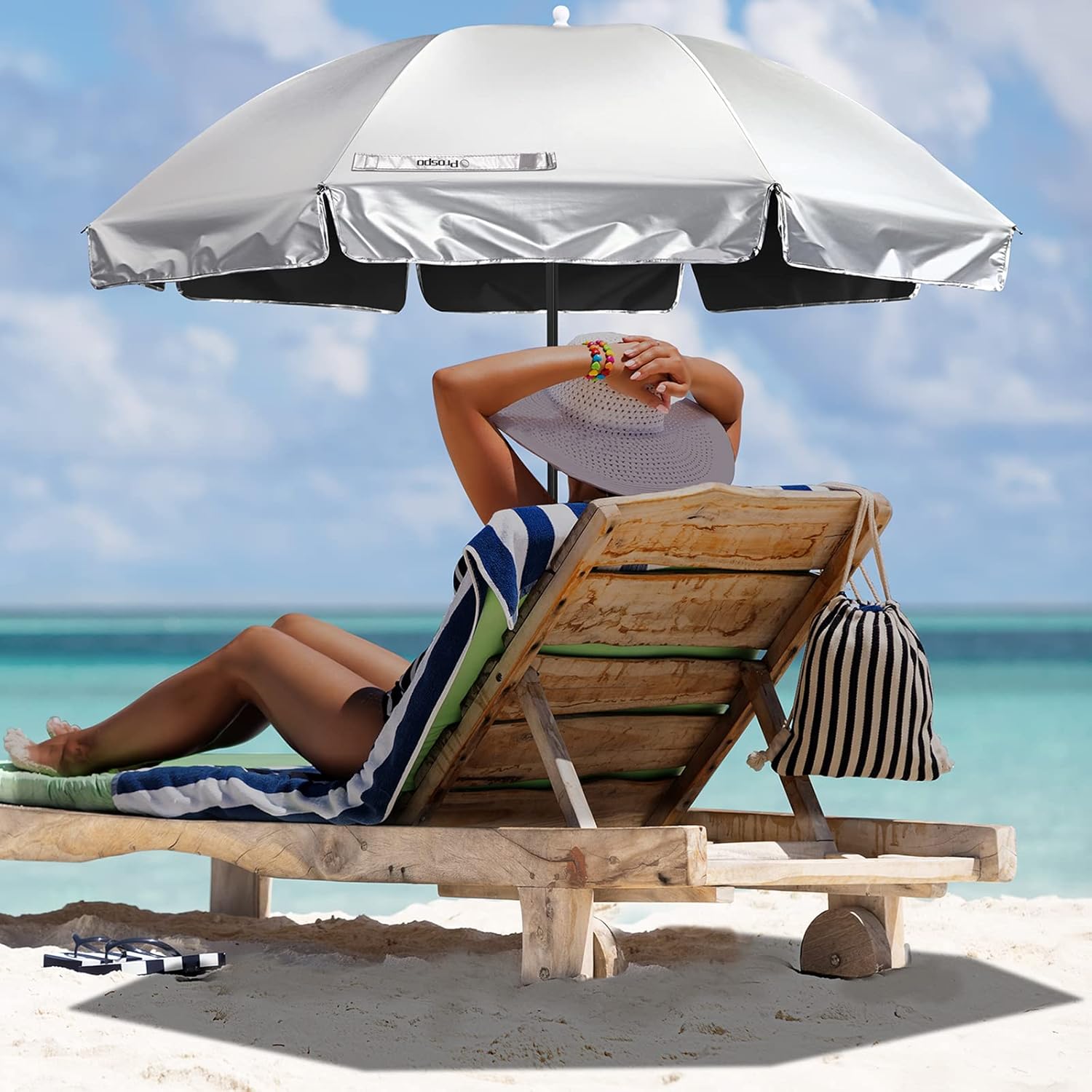 Prospo Beach Chair Umbrella with Universal Adjustable Clamp, UV Protection Sunshade Umbrella for Outdoor, Strollers, Wheelchairs, Patio Chairs, Bleacher, and Golf Carts
