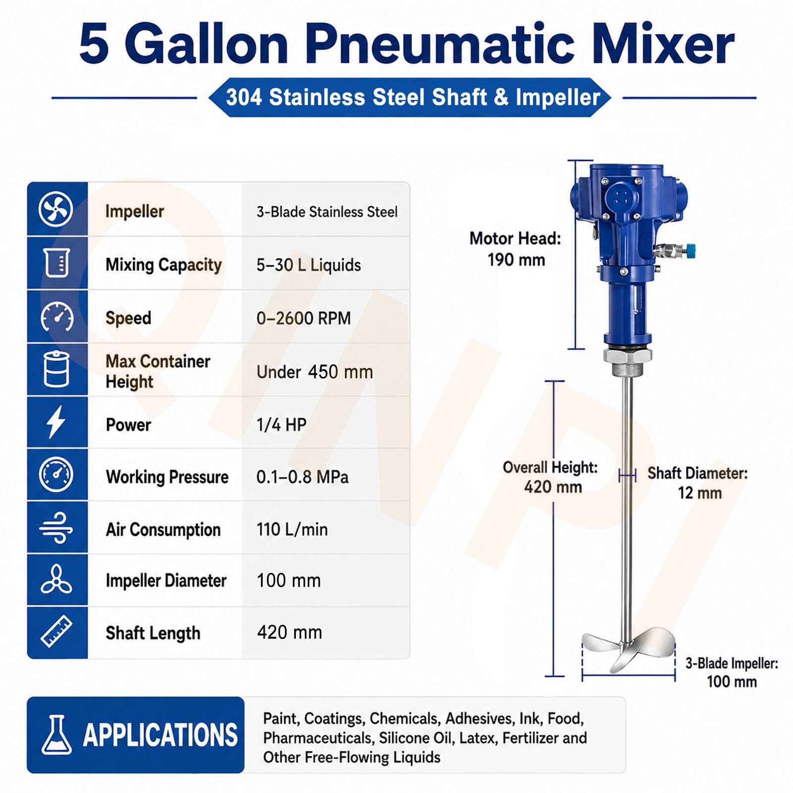 Mezclador Neumático De 1/4 HP, Agitador De Aire con Velocidad Regulable De 0–2600 RPM, Eje Y Hélice De 3 Palas De Acero Inoxidable 304