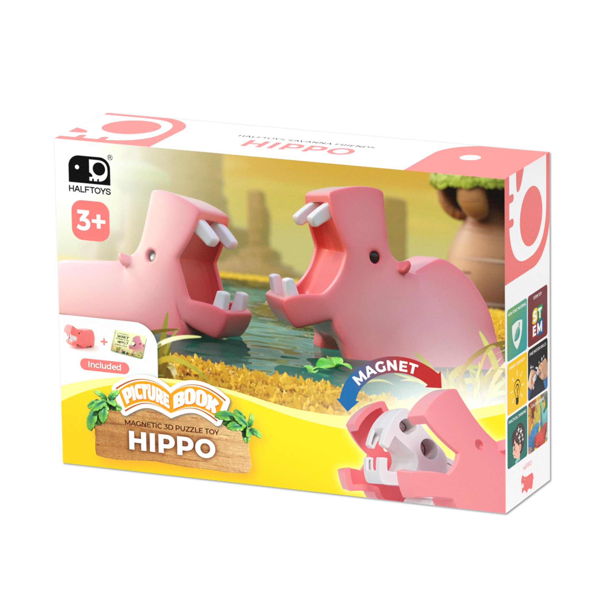 Halftoys Picture Book | Illustrated Story & Magnetic 3D Puzzle Toy | Multi-Sensory Learning | Safe, Durable & Washable | Perfect for Little Hands (Hippo)