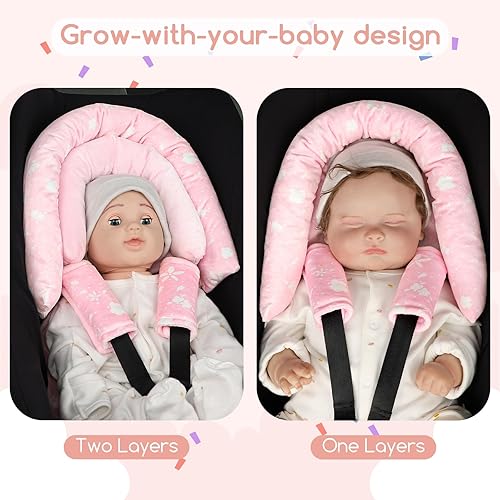 Miniatura 6 de Inserto de asiento de automóvil infantil y funda para correa para bebés, soporte de cabeza de asiento de automóvil 2 en 1, cojín ultra suave para