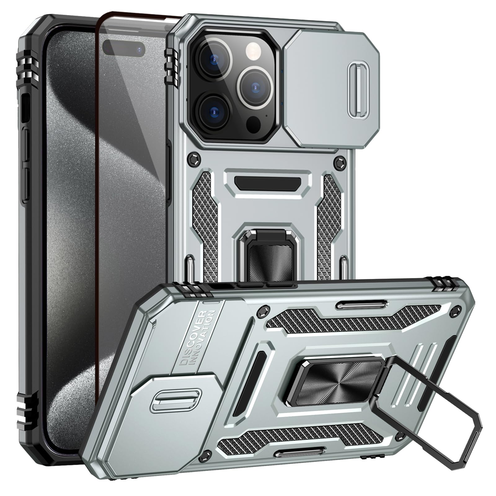 THMEIRA Compatible with iPhone 15 Pro Max Case with Camera Cover & Screen Protector, Built-in 360° Rotate Magnetic Ring Holder, Military Grade Armor Protective Case for iPhone 15 Pro Max 6.7'' - Grey