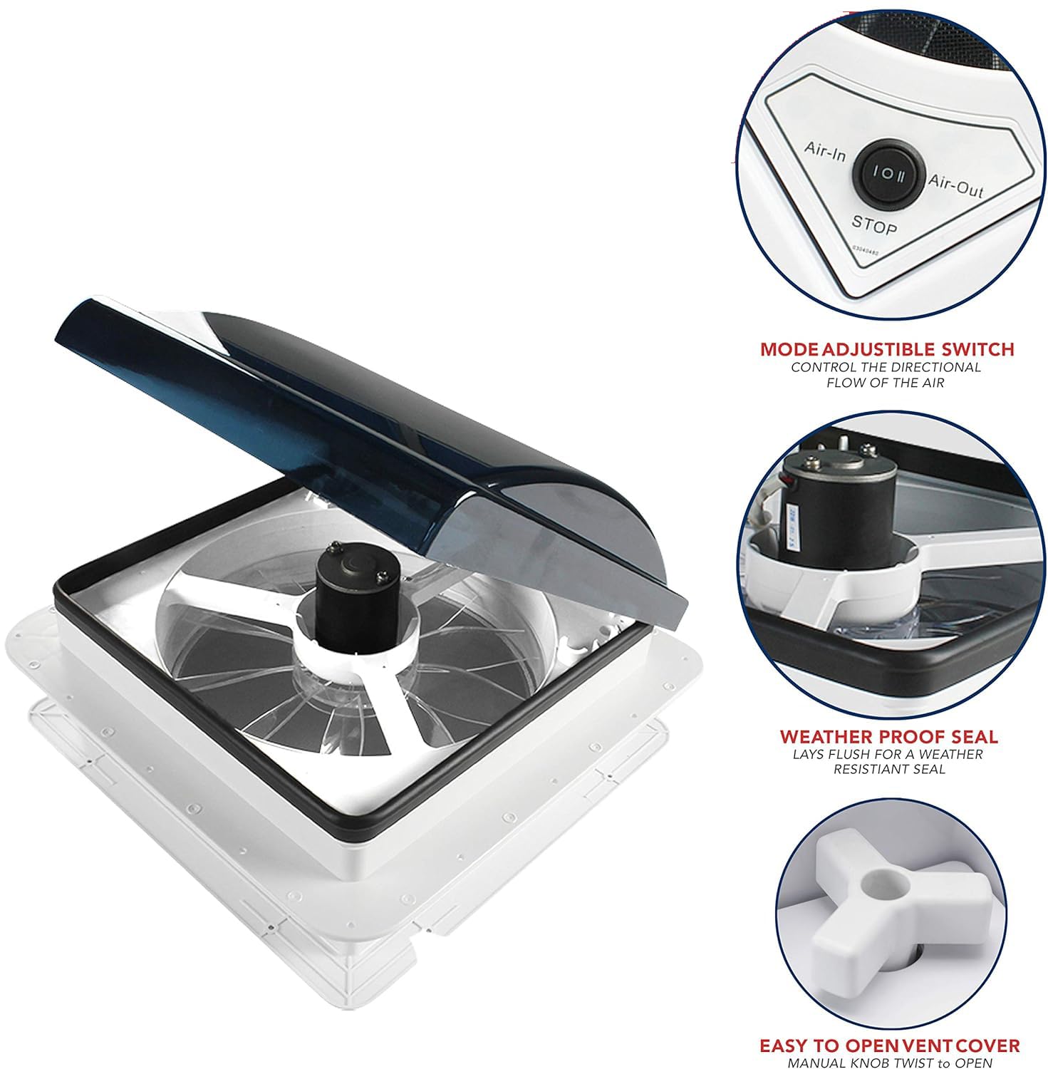 HEYOUTH Ventilador de techo reversible 12V para autocaravanas​ – Ventilador para RV silencioso para ventilación continua, ideal para claraboyas de caravanas, furgonetas camper y remolques (42x42cm)