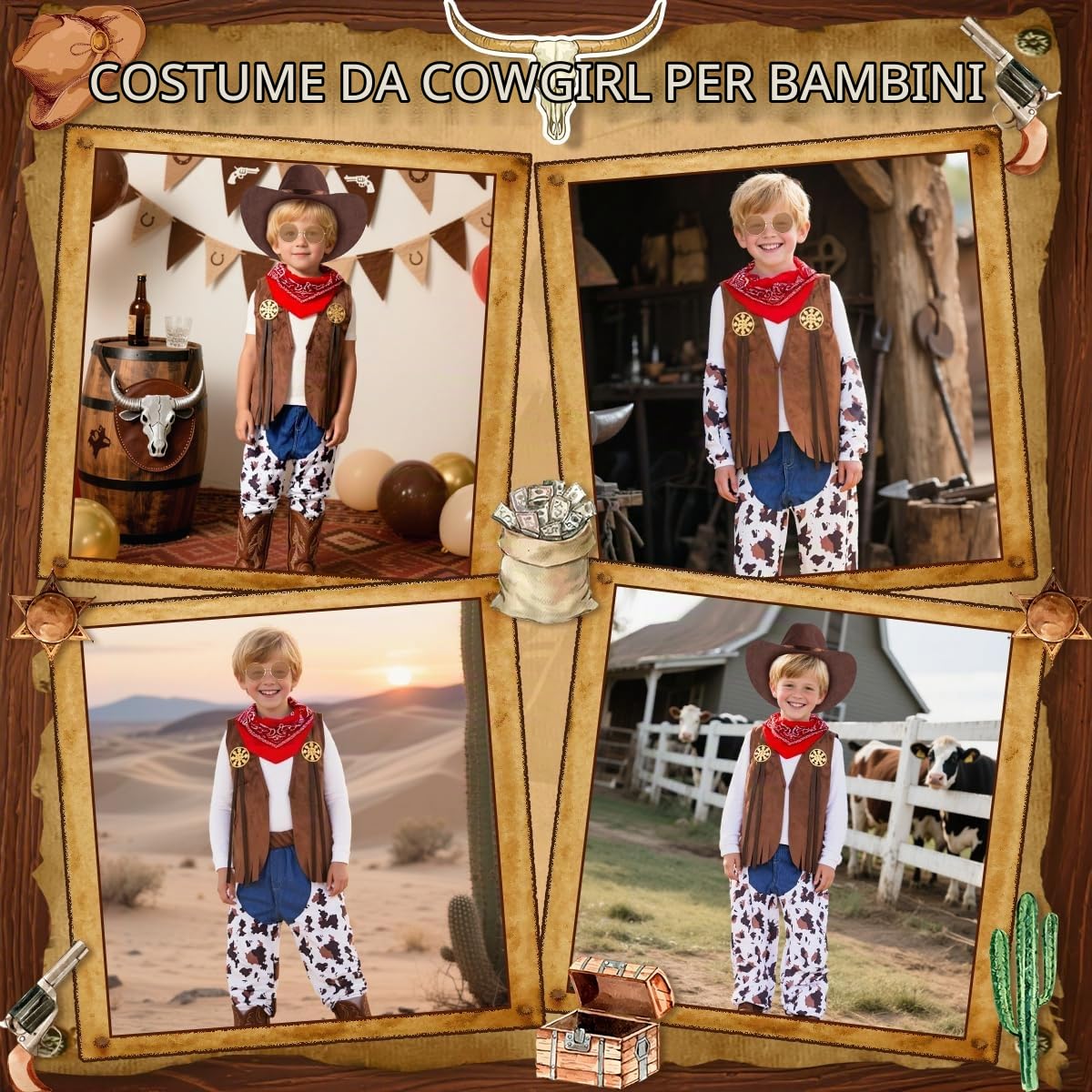 Costume Cowboy Bambino, Western Vestito da Cowboy Bambini con Gilet, Pantaloni, Cappello, Bandana Accessori, Costume da Cowboy Bambino per Halloween Carnevale Dress Up Festa Cosplay, 3-10 Anni