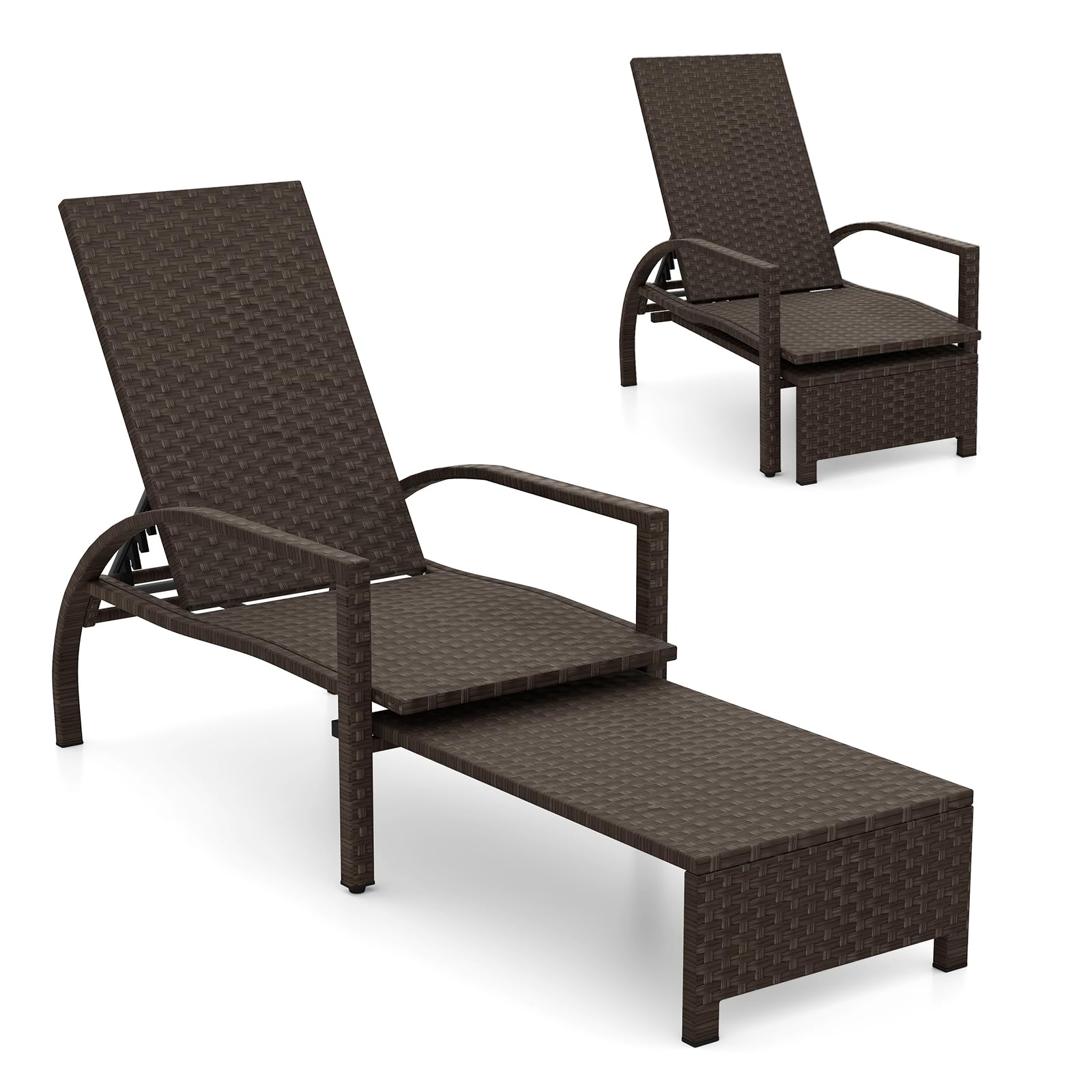 LIFEZEAL Sonnenliege wetterfest, Gartenliege mit 6-Fach Verstellbarer Hochlehne, Liegestuhl Rattan mit ausziehbarer Fußstütze & Armlehnen, Rattanliege bis 180 kg belastbar, Braun