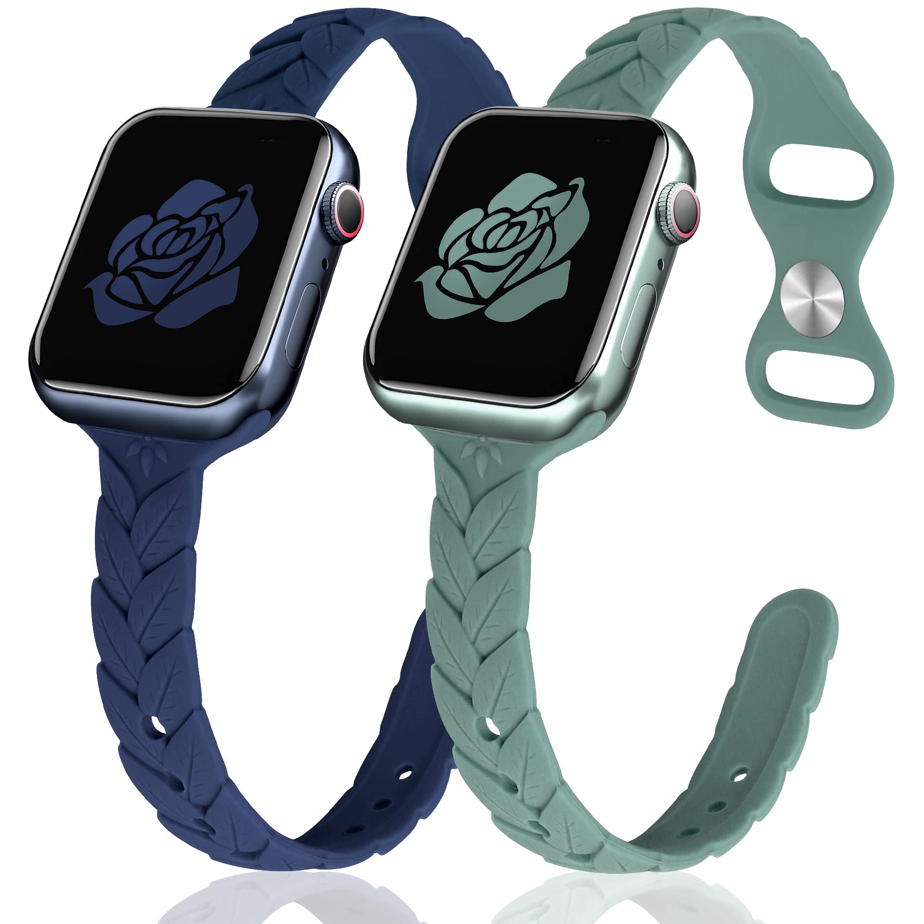 JR.DM 2 Pack Engraved Silicone-Bands Compatible with Apple Watch Band 38mm 40mm 41mm 42mm 44mm 45mm 46mm 49mm, Slim Feminine Fashion Leaf Waterproof Strap,For iWatch Series 10 9 8 7 6 5 4 3 2 1 Women
