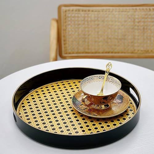 Miniatura 4 de Zosenley Bandeja decorativa redonda, bandeja de plástico marmoleado con asas, moderna bandeja de tocador y bandeja para servir otomana, mesa