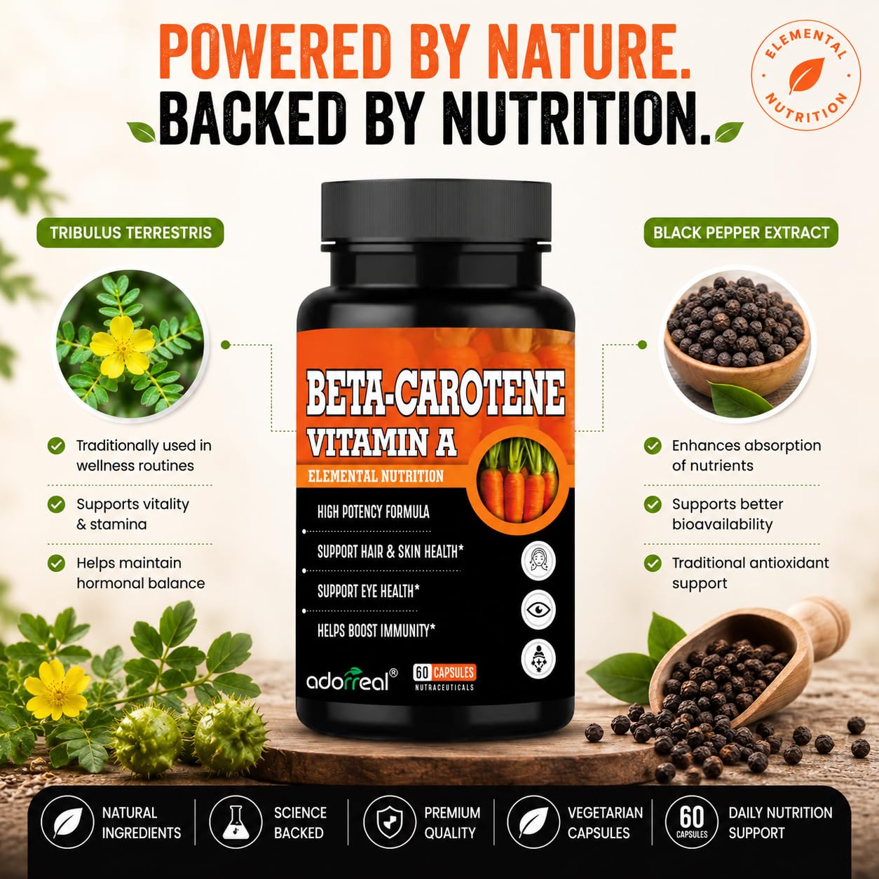 Adorreal Beta-Carotene Vitamin A Capsules | 25,000 IU Vitamin A from Beta-Carotene | Vegetarian Capsules | Supports Eye Health, Skin Health & Normal Immune Function | 60 Capsules 3