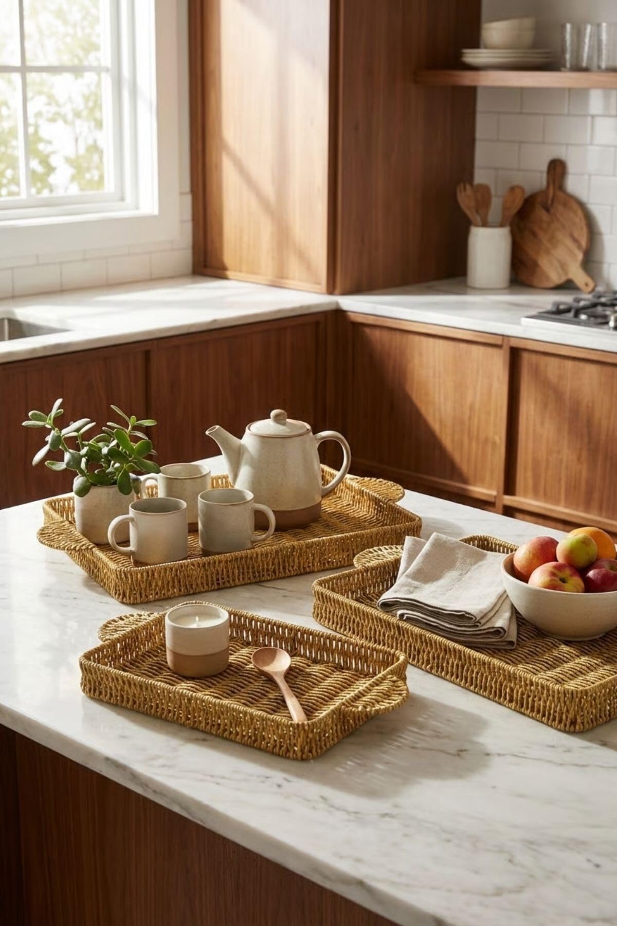 BUFFER İç İçe Geçebilen 3'lü Dikdörtgen Hasır Görünümlü Plastik Rattan Servis Tepsi Seti, Çok Amaçlı Sunum Tepsileri, 38x20x4 cm, 43x25x4 cm, 48x30x4 cm