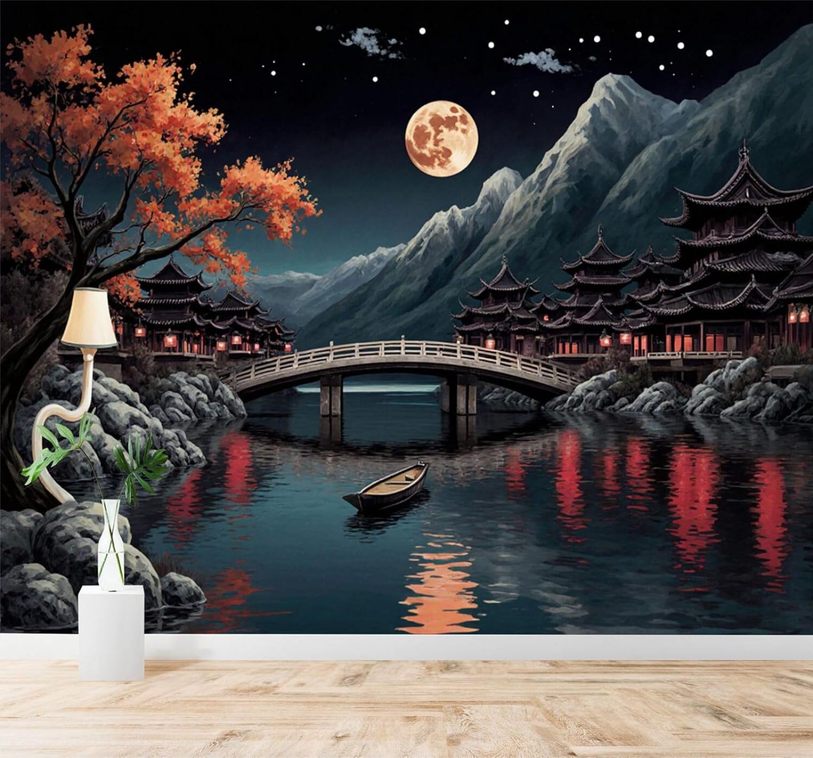 XLMING Moonlight Lake Bridge Pagoda Autumn Trees 3D Wallpaper Silky Texture Home Study Office Grey Dining Room Sofa Bedroom Living Room TV Backdrop-400cm×280cm