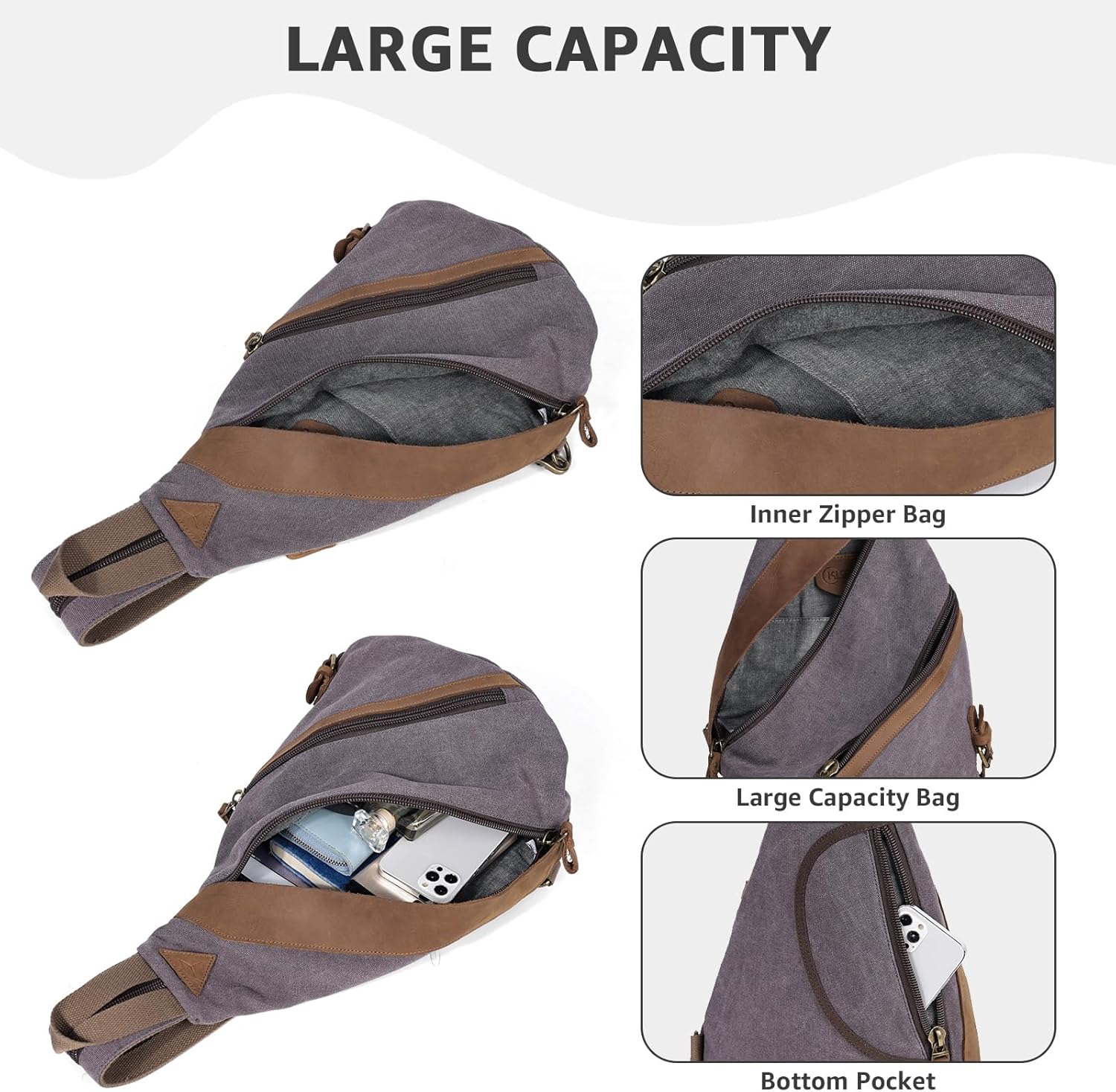 KL928 Canvas Sling Bag for Men Women, Genuine Leather Design Shoulder Crossbody Bags Backpacks Travel Daypack with Earphone Hole Rucksack, Dark Grey - Image 3