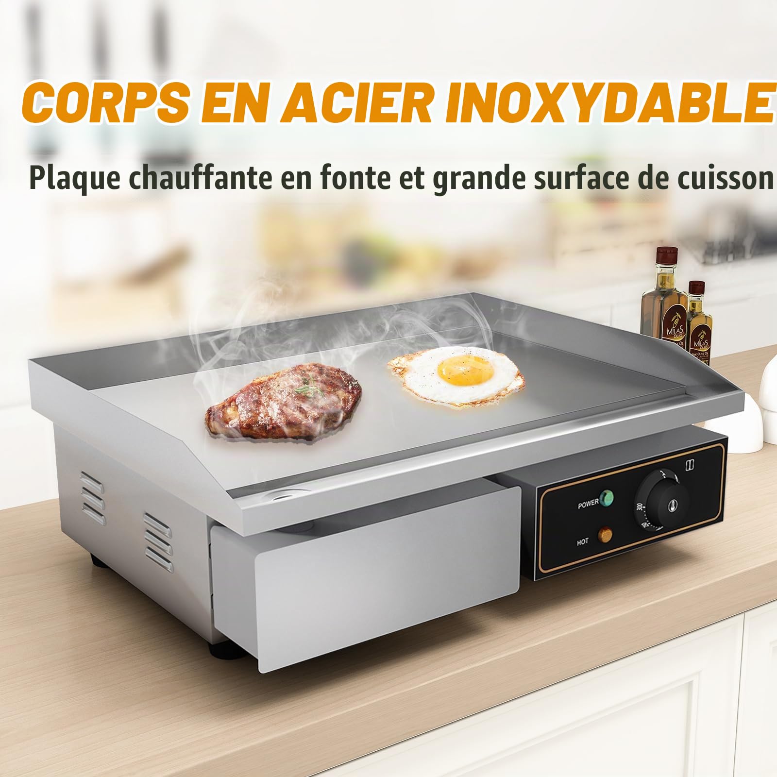 Plancha Électrique Plaque De Acier Inoxydable 53cm Antiadhésive 3000W Professionnelle De Cuisson En Le Fer Durable Grill, Epaisseur De La Surface De Cuisson : 8mm