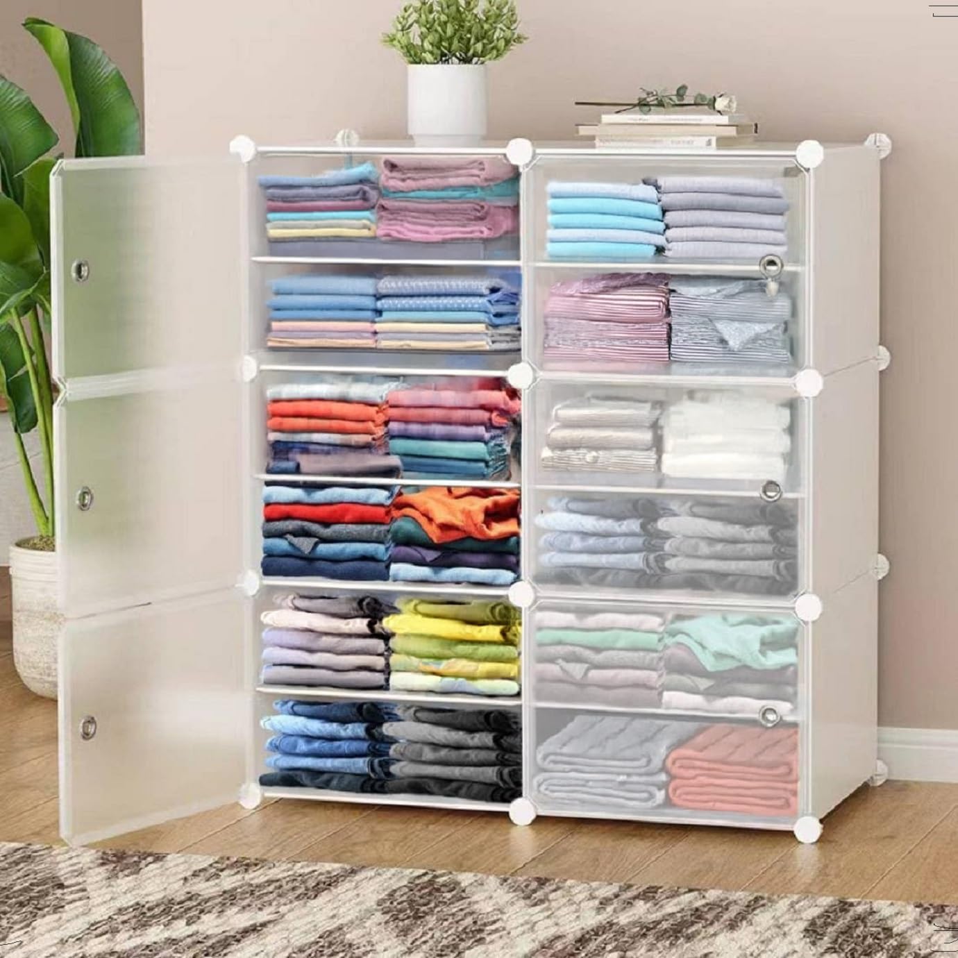 Almirah for Clothes,Plastic Soft Sheet Collapsible Wardrobe for Clothes for Kids Clothes/Toy/Book, Baby Cupboard for Clothes Storage in Bedroom Nursery,Cartoon (White, 12-Shelf-6-Door)