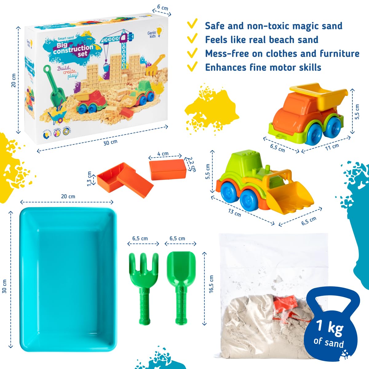 GENIO KIDS Zestaw Magicznego Piasku 1 kg, Magiczny Piasek do Budowy z Akcesoriami, Nietoksyczny Magiczny Piasek dla Dzieci 3 4 5 6 7 8 Lat