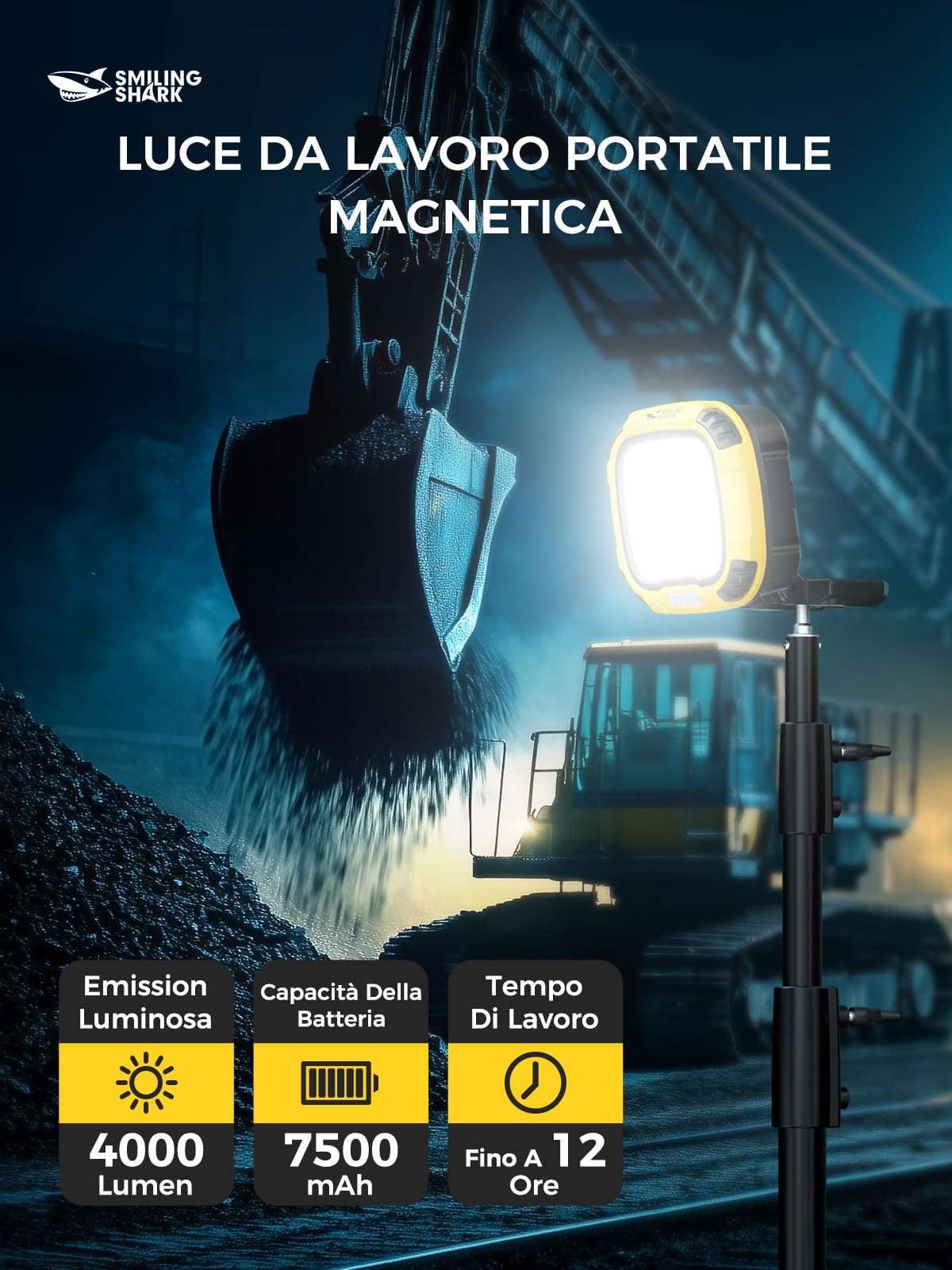 Smiling Shark Lampada Lavoro, LED Lampada Officina 7500mAh Ricaricabile Impermeabile 18 Modalità Luminose Portatile Luce Ispezione con Magnetica per Campeggio Riparazione Garage laboratori Emergenza