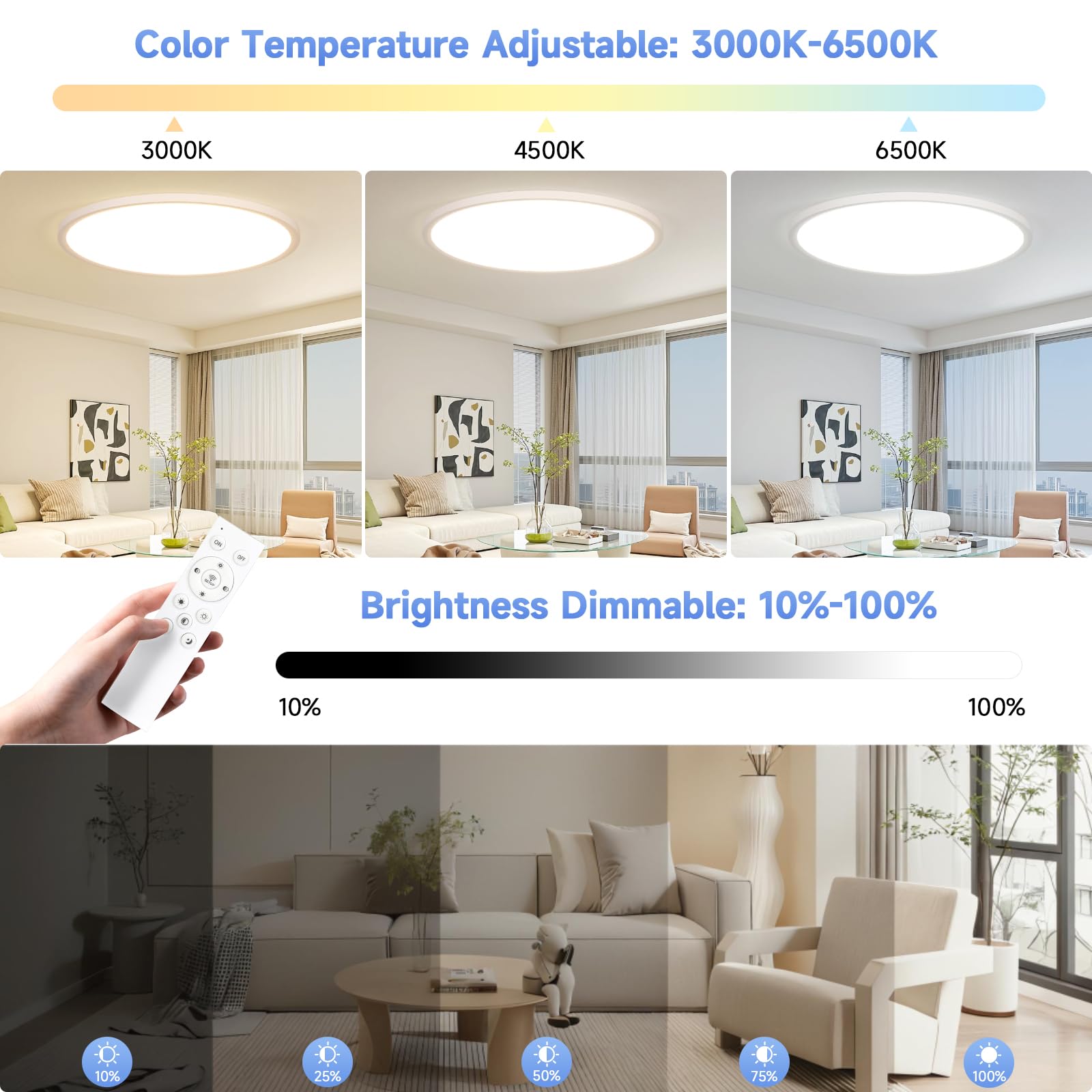 Okrągła lampa sufitowa LED 60 cm, 60 W, 3000 K, 6500K, regulowana możliwość ściemniania z pilotem, duża lampa sufitowa do salonu, sypialni, biura, wodoodporna IP44, do łazienki, kuchni, CRI>85 bez