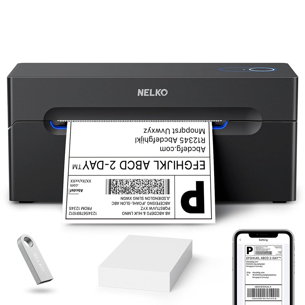 Nelko Bluetooth Thermal Shipping Label Printer, Wireless 4x6 Shipping Label Printer for Shipping Packages, Support Android, iPhone and Windows, Black, 1 Pack