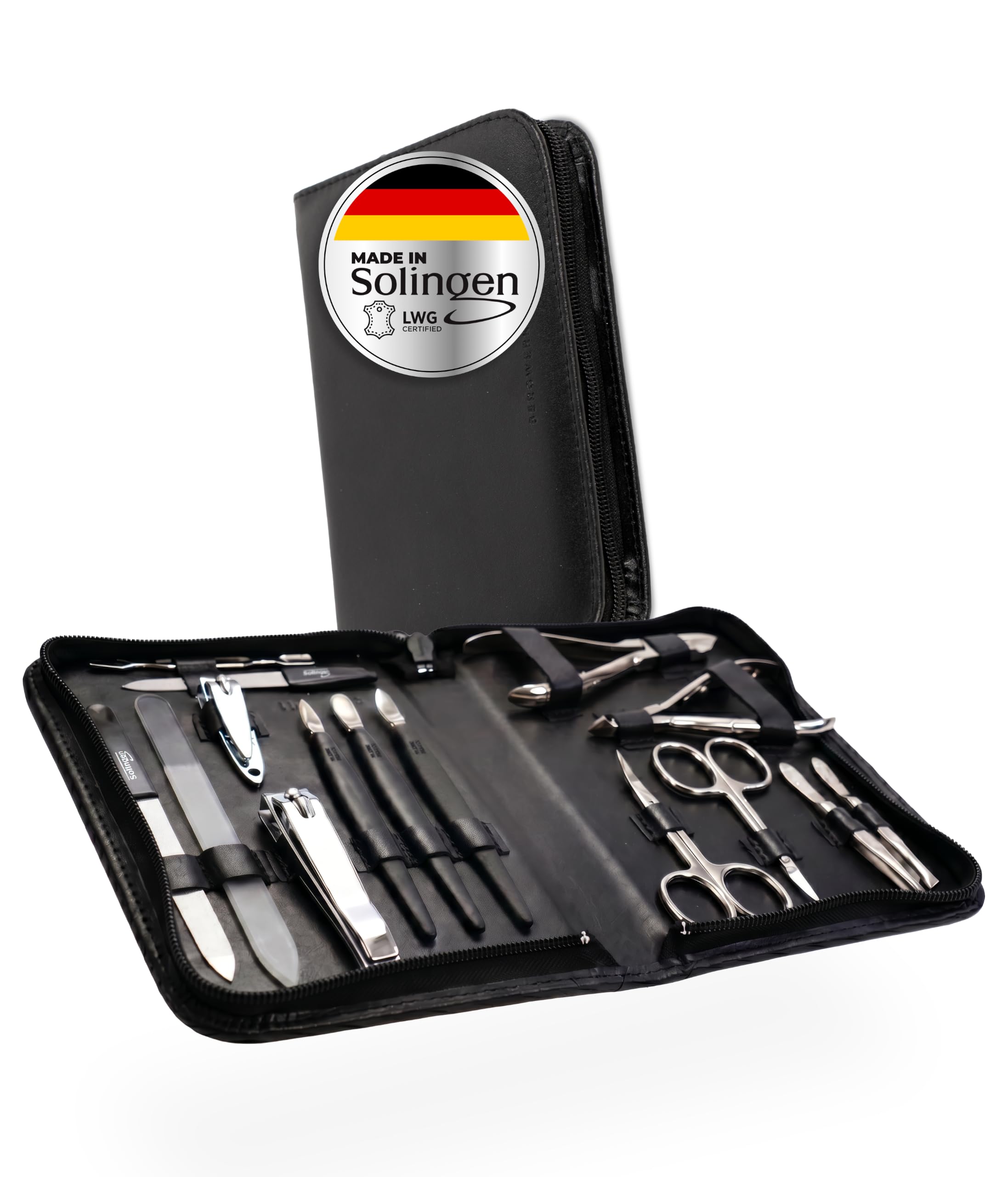 BERKWERG® Solingen Manicüreetui Leder Schwarz 15-teilig - Präzisions-Nagelpflege-Set inkl. Nagelschere & Hautschere Solingen – für perfekte Maniküre & Pediküre – Made in Germany