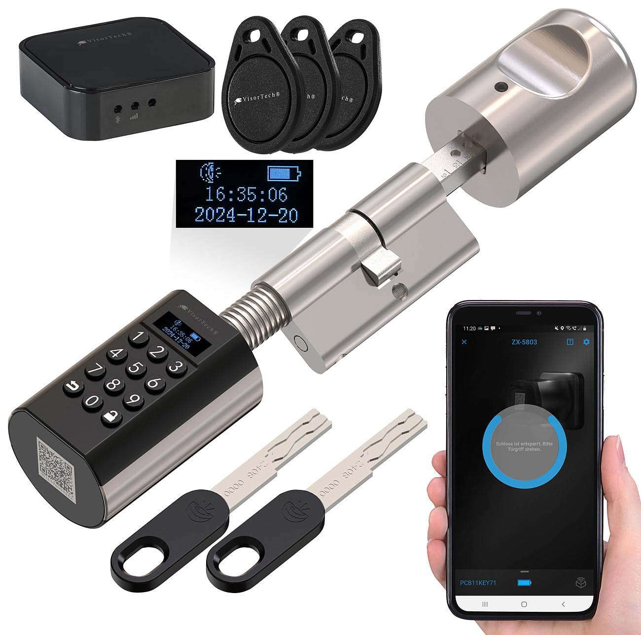 VisorTech Zahlencode-Türschloss Elektronischer Tür-Schließzylinder mit Display, Code, Transponder +GW