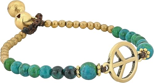 Miniatura 2 de AeraVida Pulsera con signo de paz vintage con cuentas de malaquita y latón en cuerda de cera de algodón, joyería simbólica hecha a mano en tono