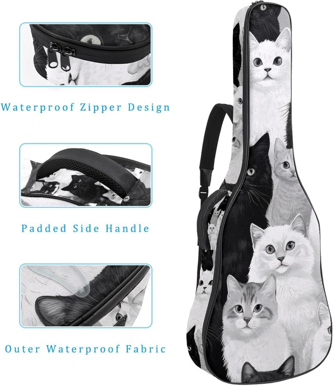 Seamless Black and White Cats on Grey Background Acoustic Guitar Gig Bag, 1 cm Thick Padding Waterproof Guitar Bag Backpack for 40 41 42 Inch Electric Bass Classical Guitars