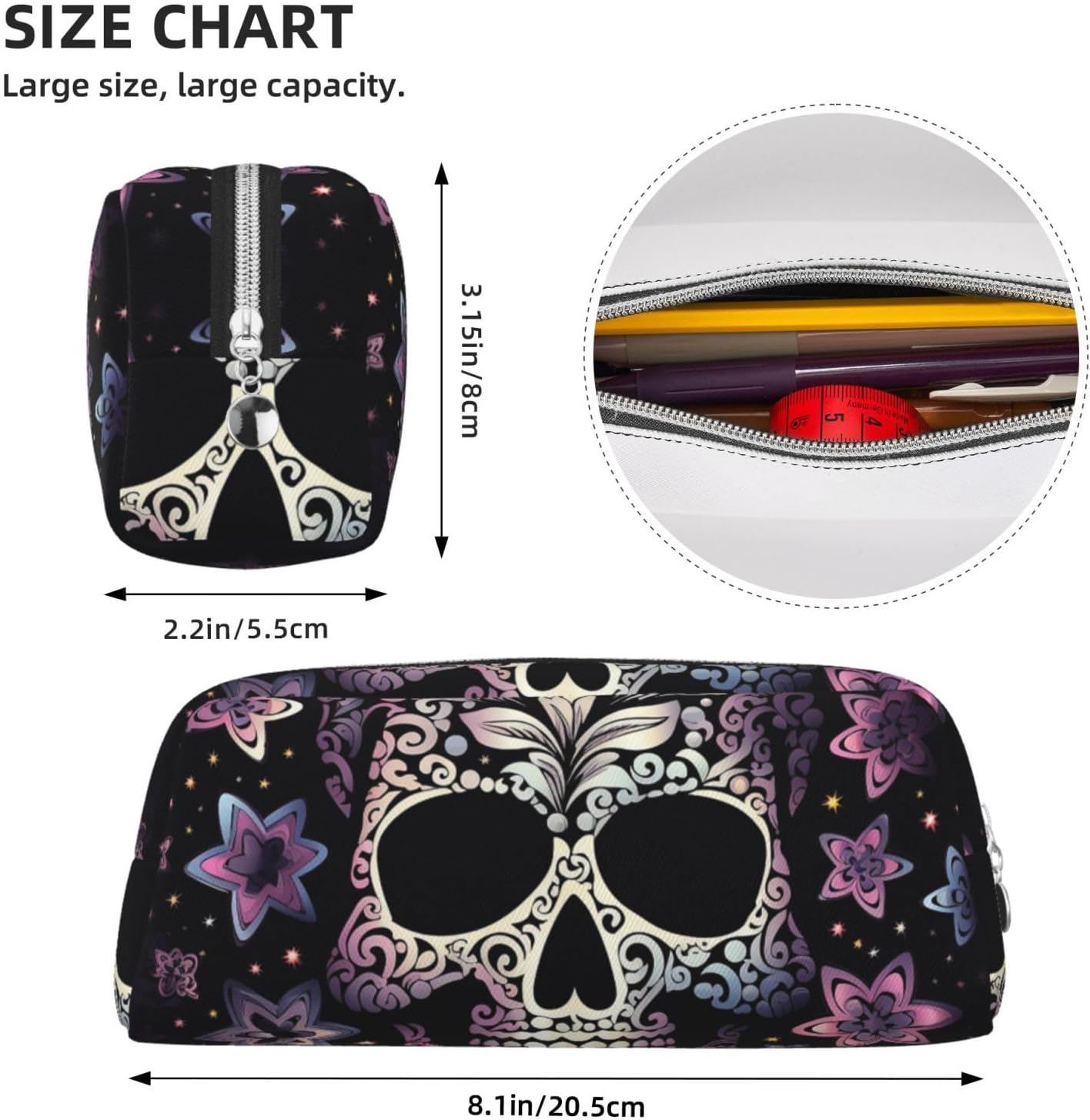 Leather Makeup Bag for Purse Travel Portable Small Pencil Bags for Women Men Cool Skull Cosmetic Bag with Zipper Pencil Pouch Aesthetic Coin Pouch Adults Desk Organizer image 4