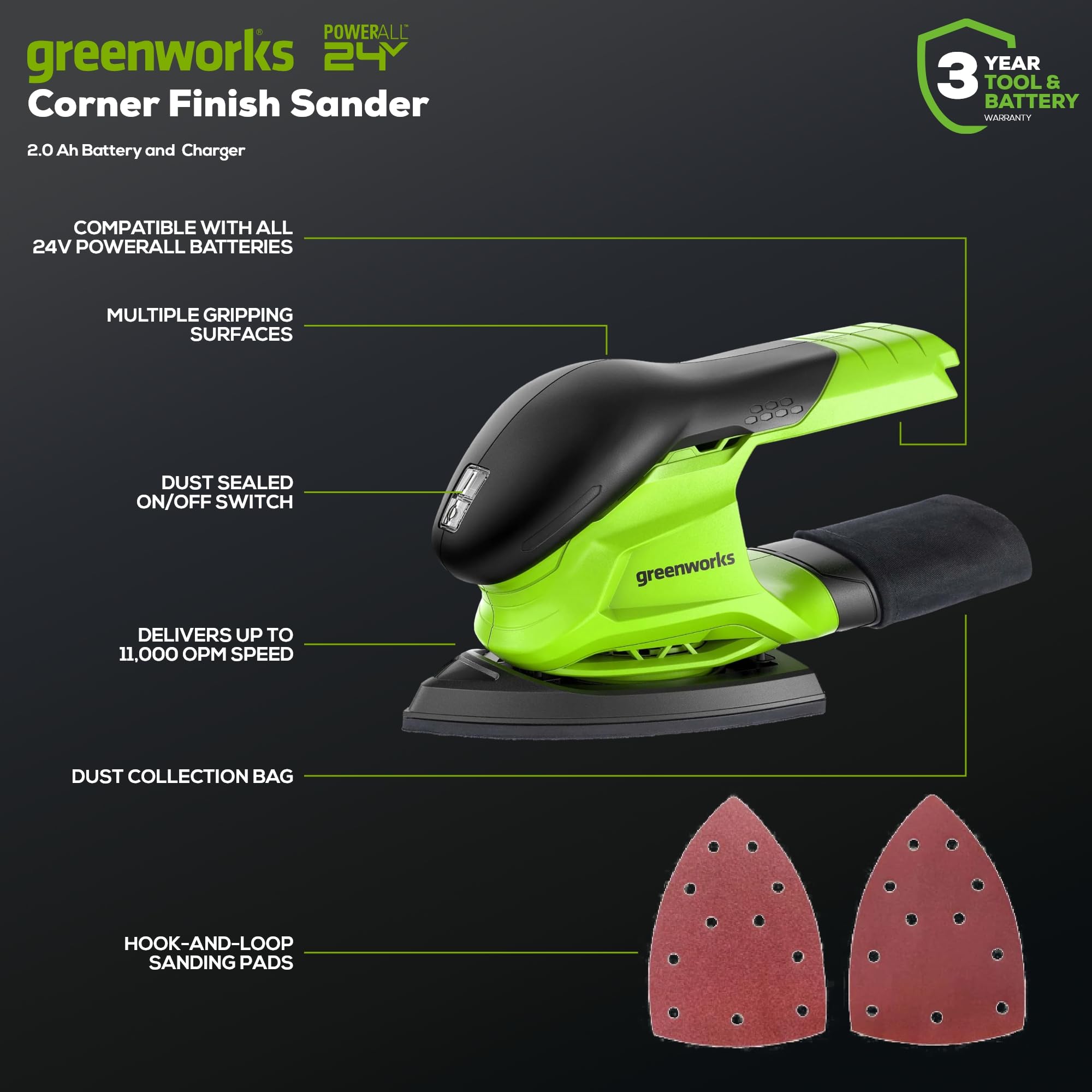 Greenworks Bezprzewodowa szlifierka wykończeniowa 24 V 11 000 OPM, tylko narzędzia (bateria i ładowarka sprzedawane oddzielnie)
