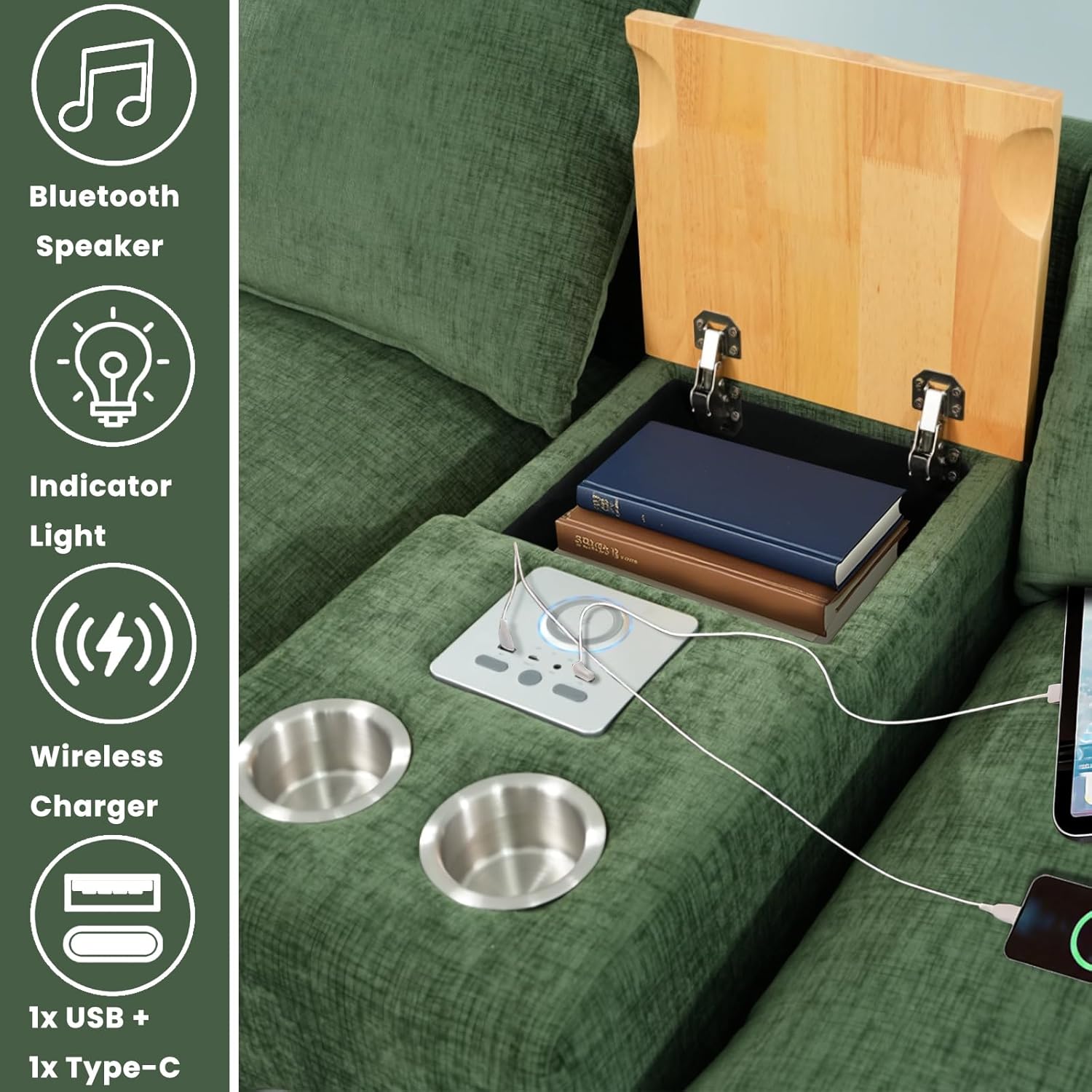 Brelice Modular Sofa Console with Wireless Charging & Bluetooth Speaker - All-in-One Armrest Organizer with Wired Charging, Storage Tray, Volume Control for Sectional Couch, Living Room