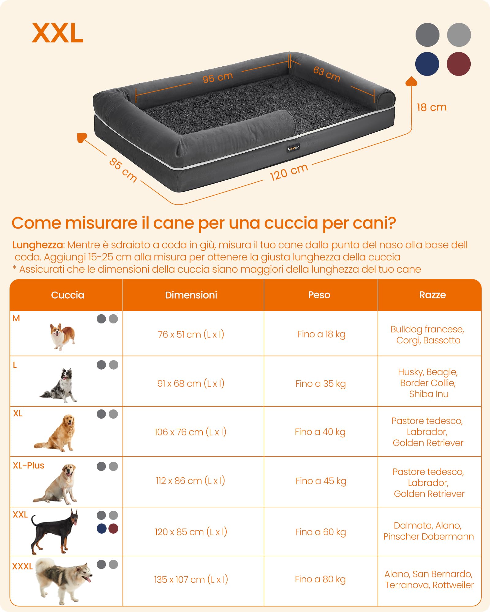 Feandrea Cuccia per Cani Ortopedica, Letto Divano per Animali, Imbottitura Morbida, Bordi Rialzati, Copertura Sfoderabile e Lavabile, 120 x 85 x 18 cm, Fondo Antiscivolo, Grigio Scuro PGW078G01
