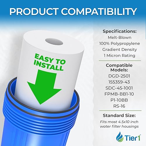 Miniatura 4 de Tier1 Cartucho de repuesto de filtro de agua de sedimentos de polipropileno hilado de 10 pulgadas x 4.5 pulgadas  Compatible con Pentek DGD-2501,