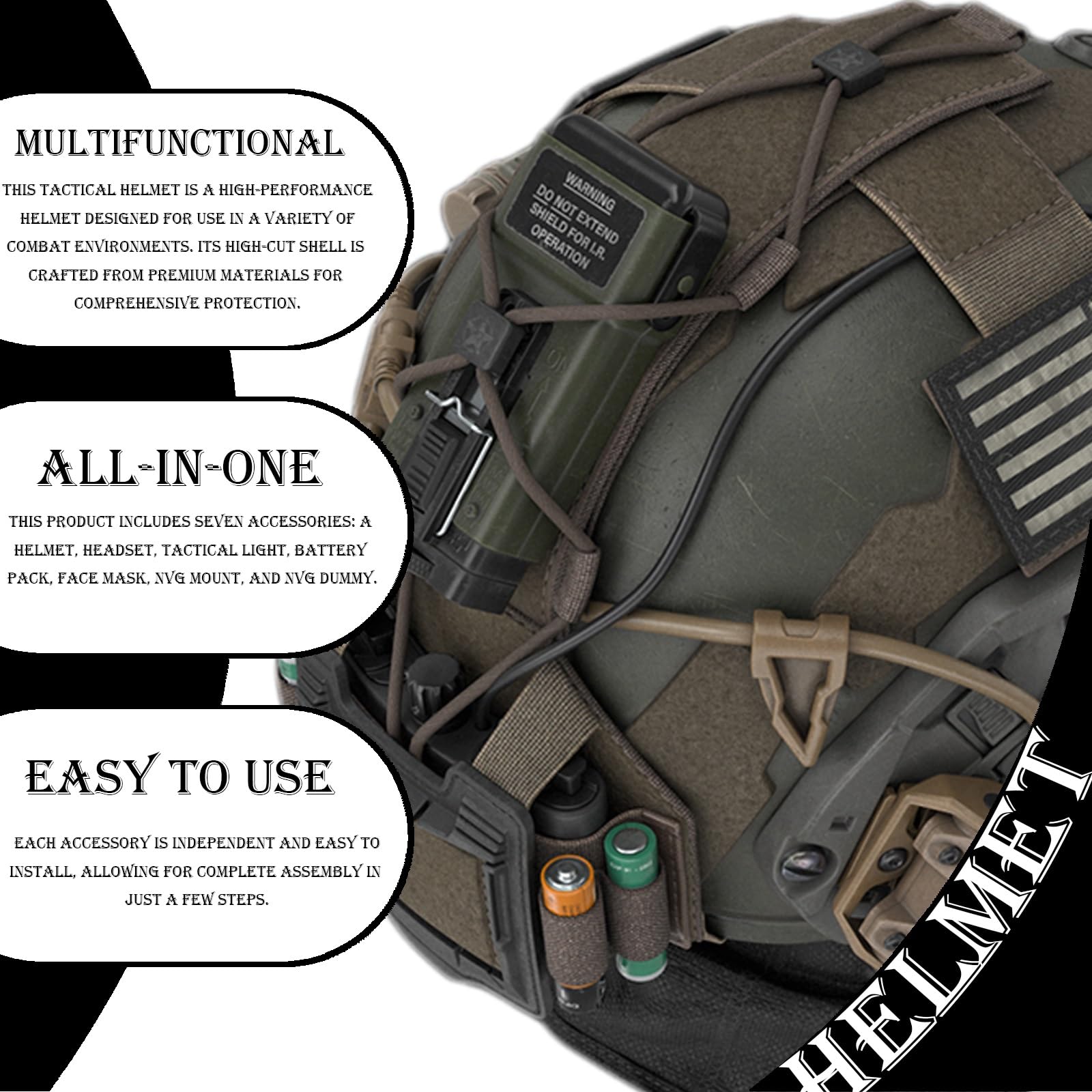 Casco tattico Airsoft Fast con cuffie di comunicazione tattica/luce di sopravvivenza per esterni/staffa NVG, maschera tattica integrale per sport all'aria aperta e giochi CS
