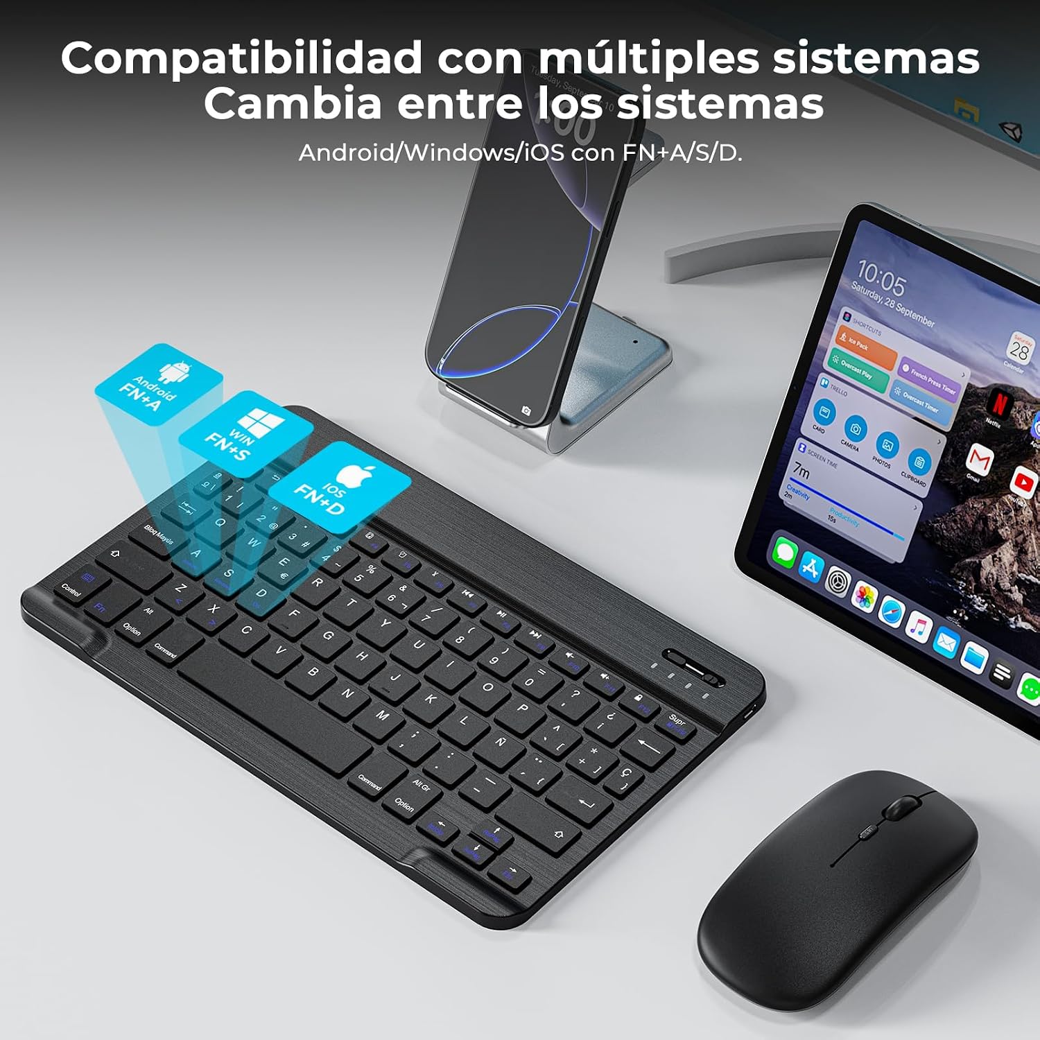 Cimetech Teclado y Ratón Inalámbrico Bluetooth, Teclado ergonómico ultradelgado con batería Recargable integrada, Compatible con iOS, Mac, iPad, Windows y Versiones posteriores, Español QWERTY, Negro 5