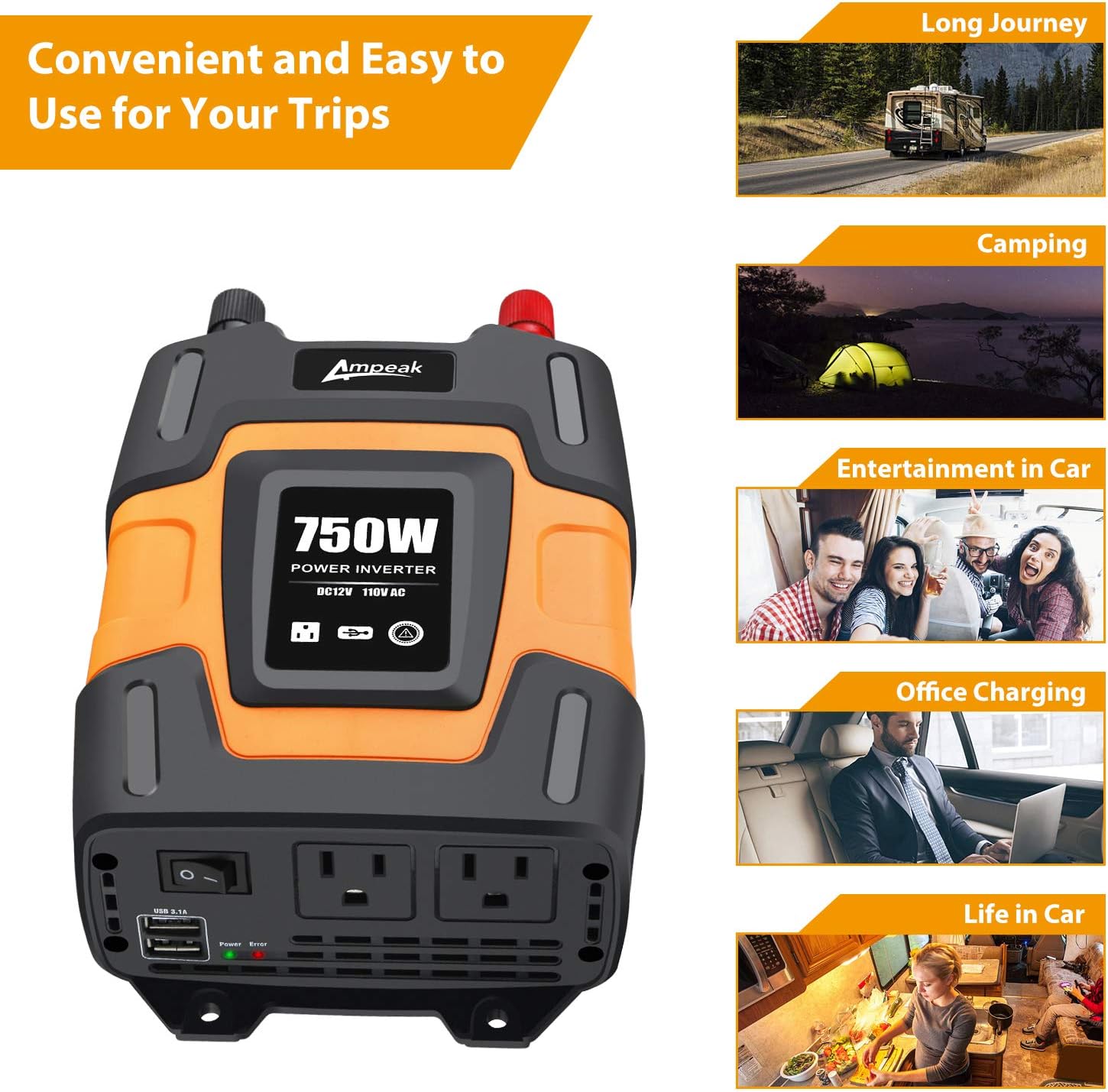 Ampeak 750W Power Inverter 12V DC to 110V AC Converter with Dual 3.1A USB Dual AC Outlets Car Inverter : Automotive