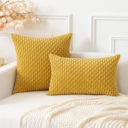 Vista 407 de Kevin Textile - Juego de 2 fundas decorativas para cojines, de pana y con moderno estilo campestre bohemio a rayas para decorar hogar, sofá, cama