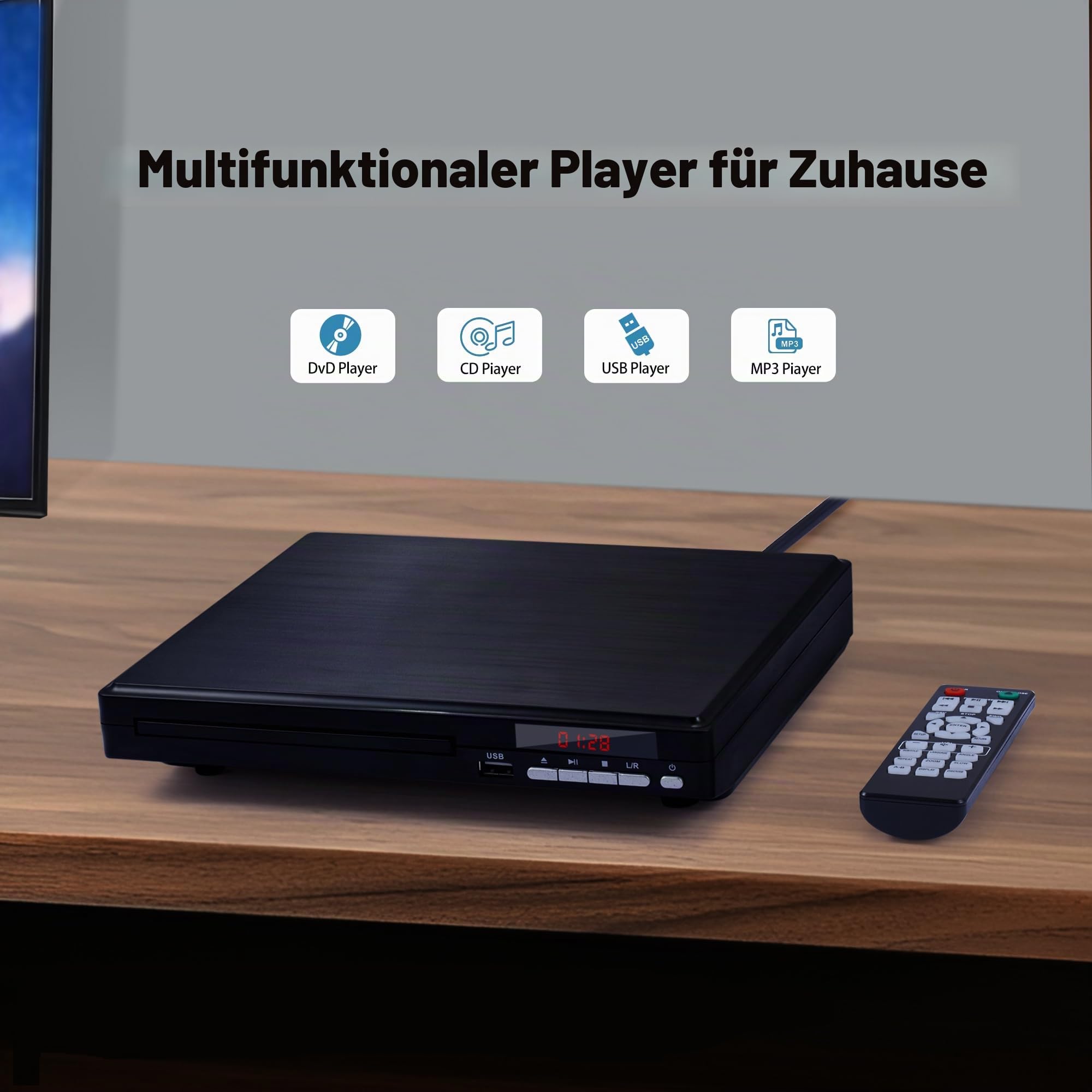 DVD-Player für Fernseher, 1080P HD-DVD-Player für Zuhause, alle Regionen, kostenloser kompakter Mini-CD-Player mit HDMI- und AVI-Kabel, USB-2.0-Anschluss, Fernbedienung, integriertes PAL