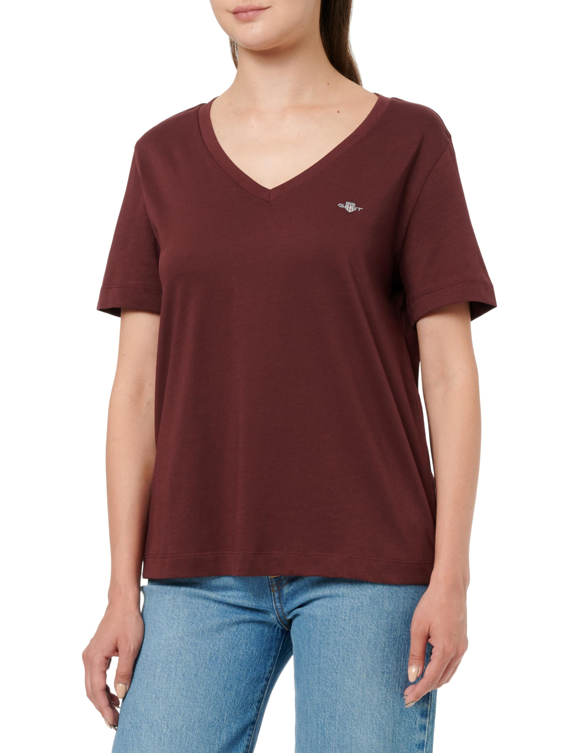 GANT Women's Reg Shield Ss V-Neck T-Shirt, red, M