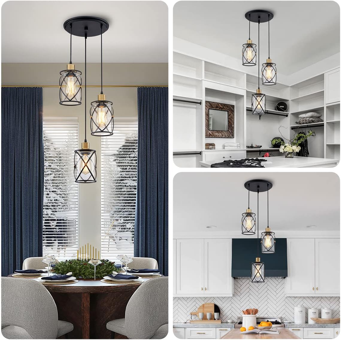 WUZUPS Chandelier Semi Flushmount Industrial 3-Light Pendant Ceiling Light Fixture Clear Seeded Glass Shade for Entryway Porch Foyer Kitchen Dining Room Bathroom W11.5 E26 Base Black with Brass