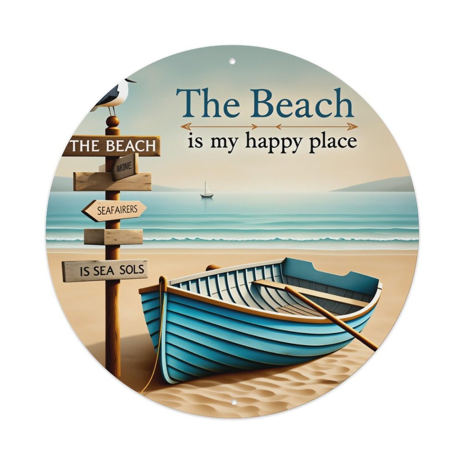 Beach Boat Sign Seagull Ocean Round Tin Sign Vintage Metal Poster Retro Bar, Home, Man Cave, Kitchen, Laundry Room Wall Art Decor Gift 8x8Inch