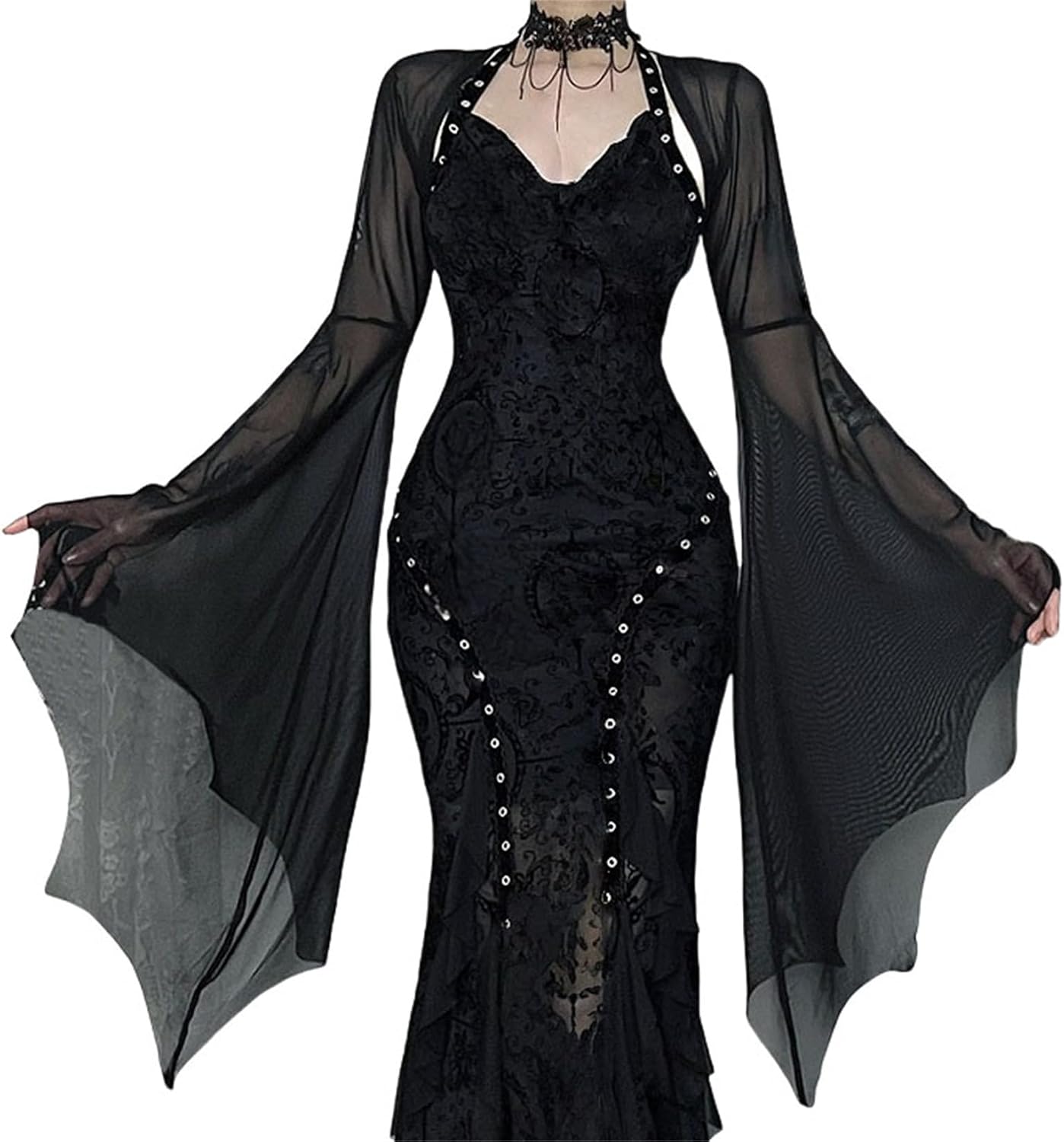 Sup-Coente Women Fairy Sheer Mesh Crop Shrug Top - Goth Bell Bat Long Sleeve Bolero for Formal Evening Dresses
