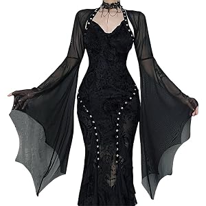 Sup-Coente Women Fairy Sheer Mesh Crop Shrug Top - Goth Bell Bat Long Sleeve Bolero for Formal Evening