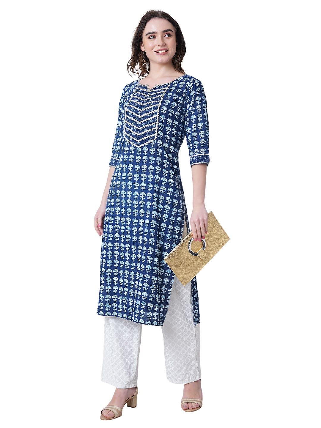 Rytras Women's Cotton Printed Straight Kurti (Large) Blue
